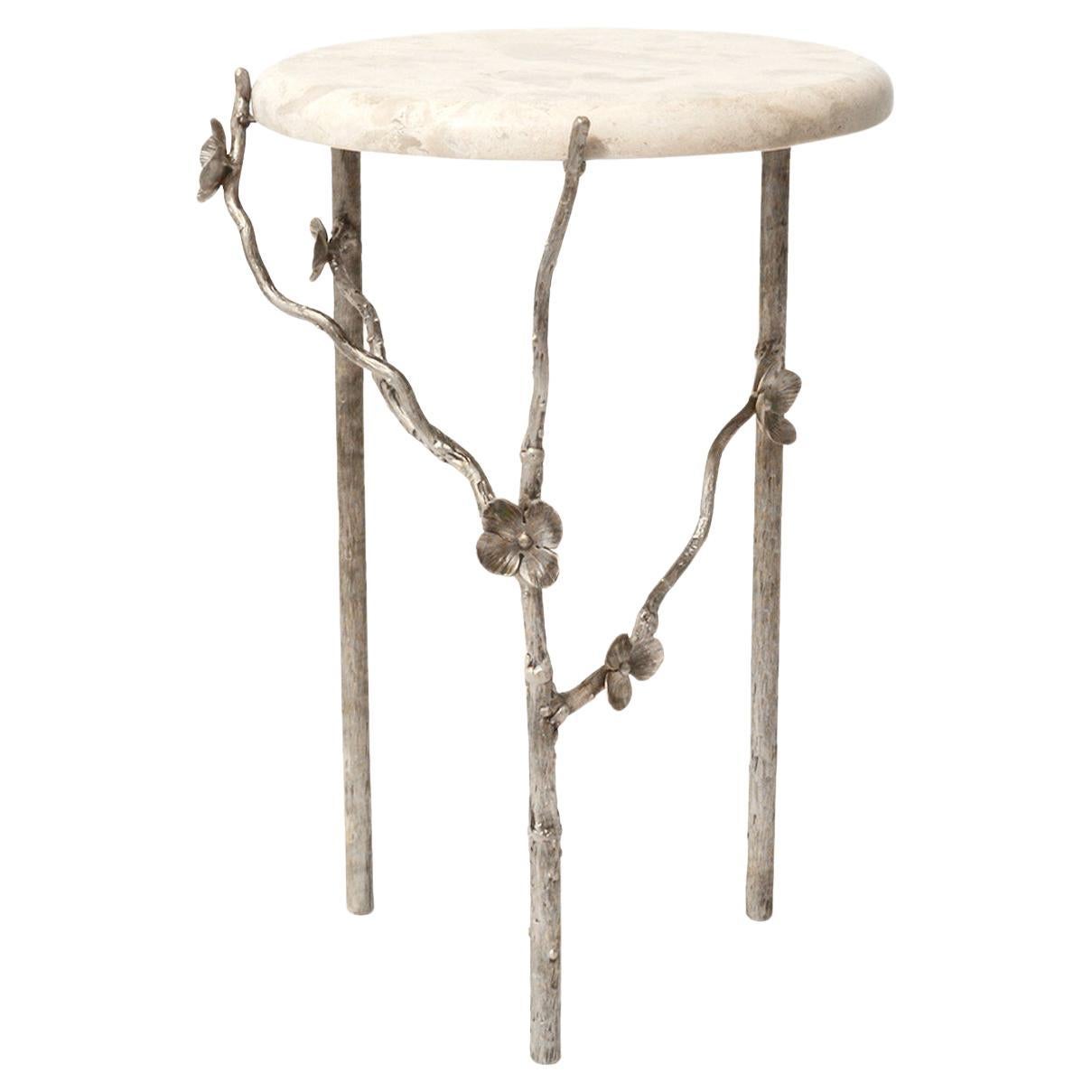 Modern Cherry Blossom Accent Table in Aged Silver