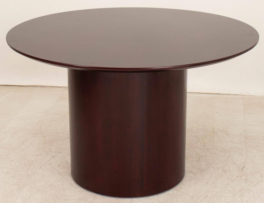 Modern Cherry Stained Round Dining Table, on pedestal base. 29.5