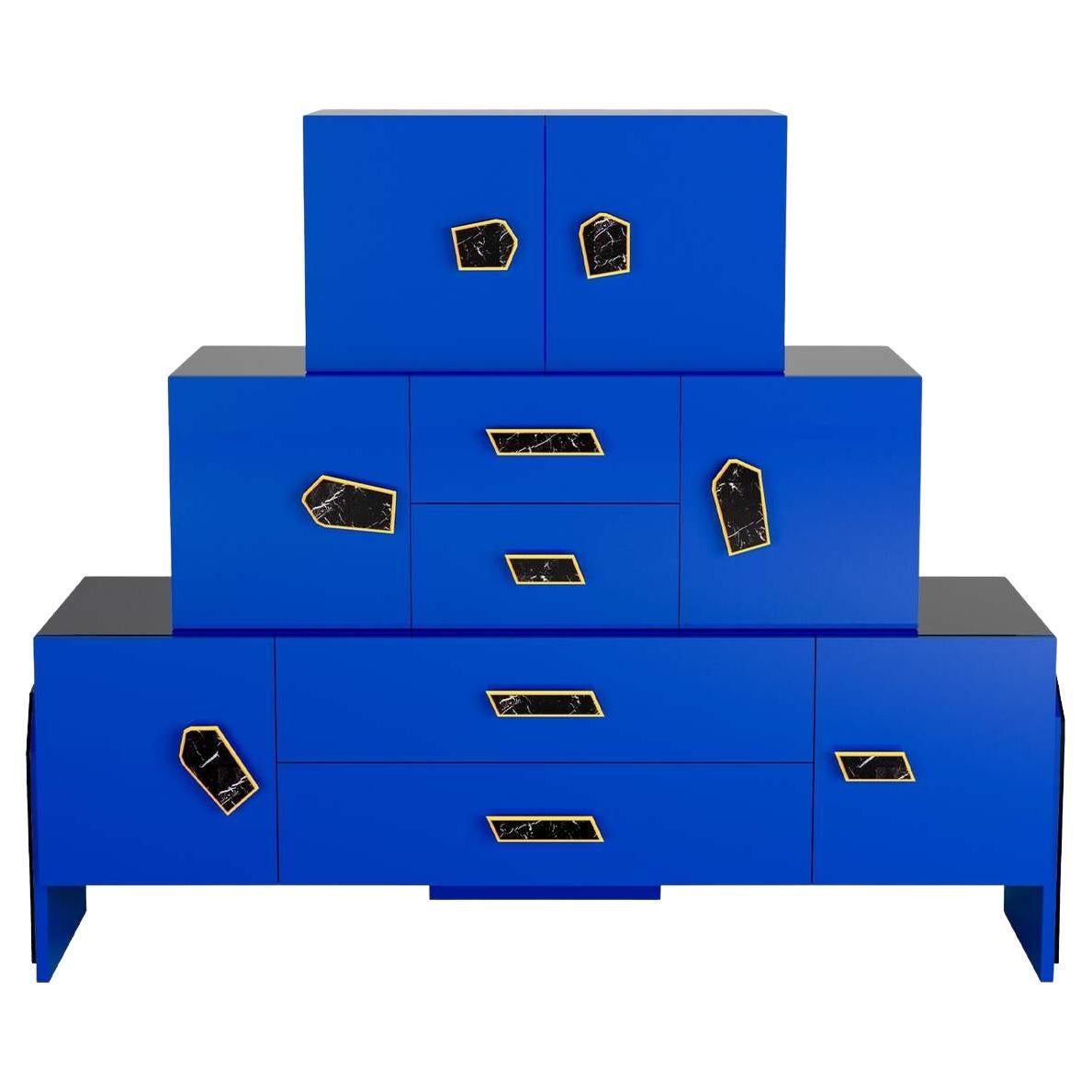 Modern Chest of Drawers in Ultramarine Blue Lacquer & Handles in Nero Marquina