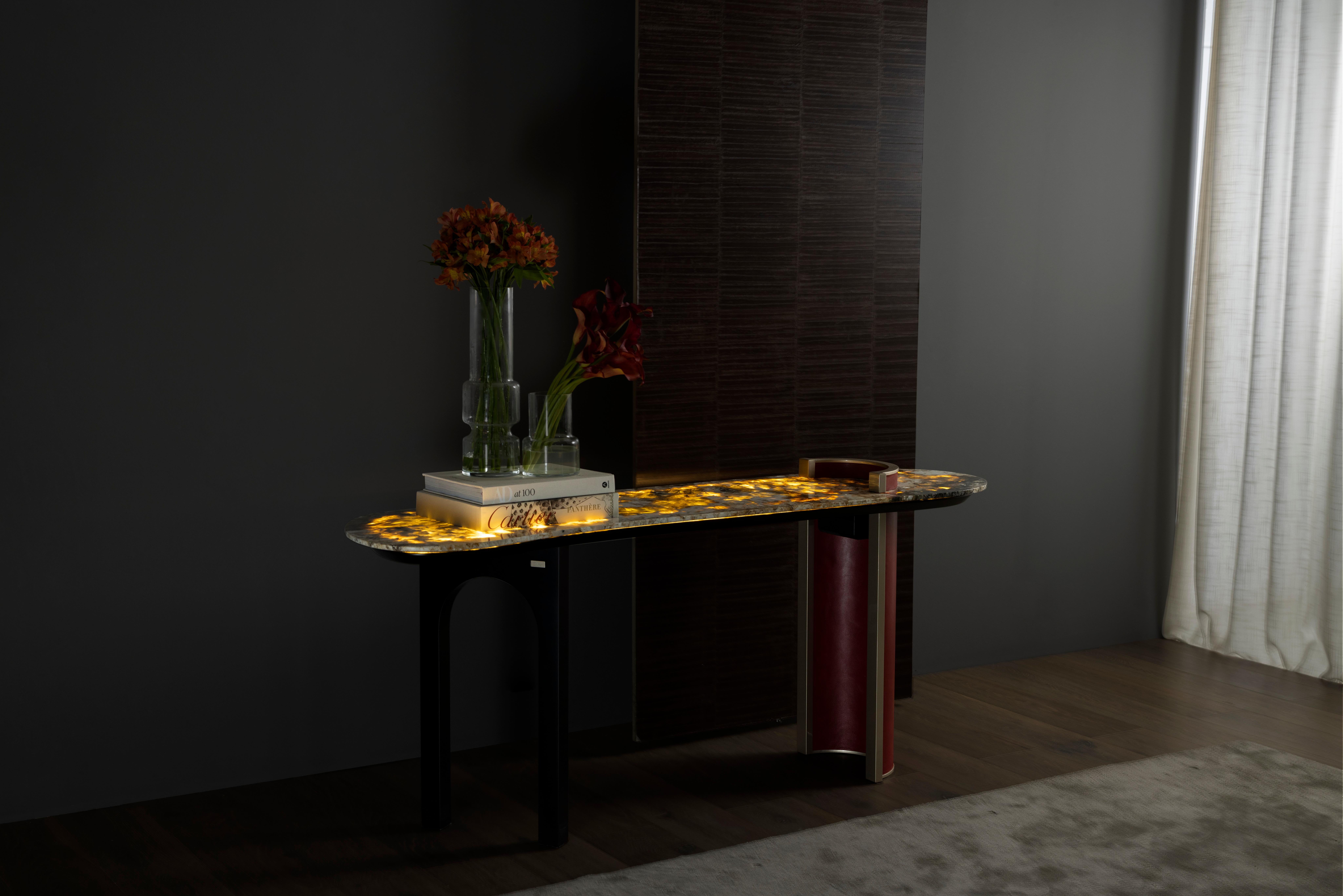 Modern Chiado Console Table, Red Leather, Stone, Handmade Portugal by Greenapple In New Condition For Sale In Lisboa, PT