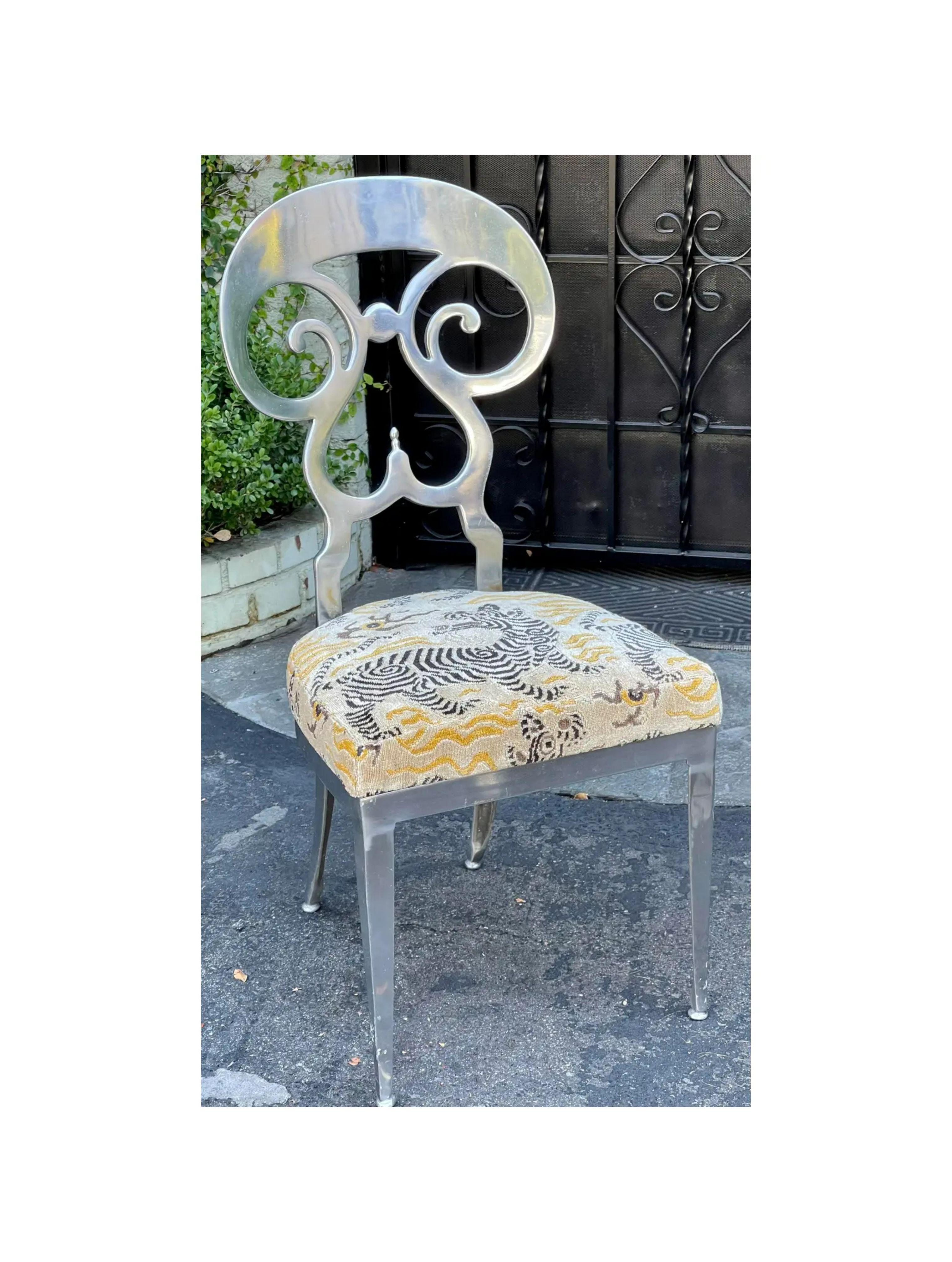 20th Century Modern Chiavari Style Polished Aluminum Chair with Clarence House Velvet Seat