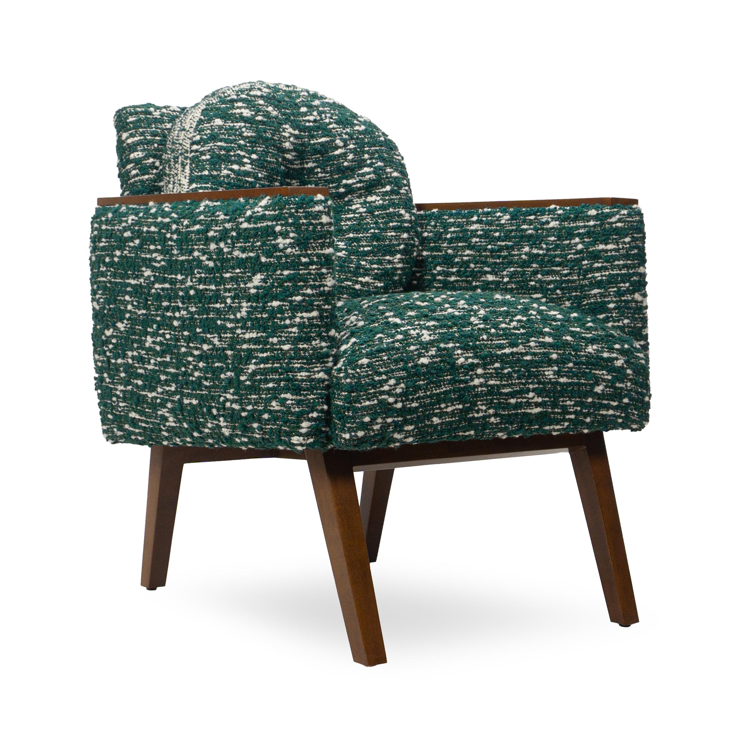 Small club or side or office chair with attached round back cushion. Comfortable for large adult. Wood topped arms. Solid hard maple frame, legs and arm tops. Seat built with eight-way hand-tied springs. Made to order, as about different colors of