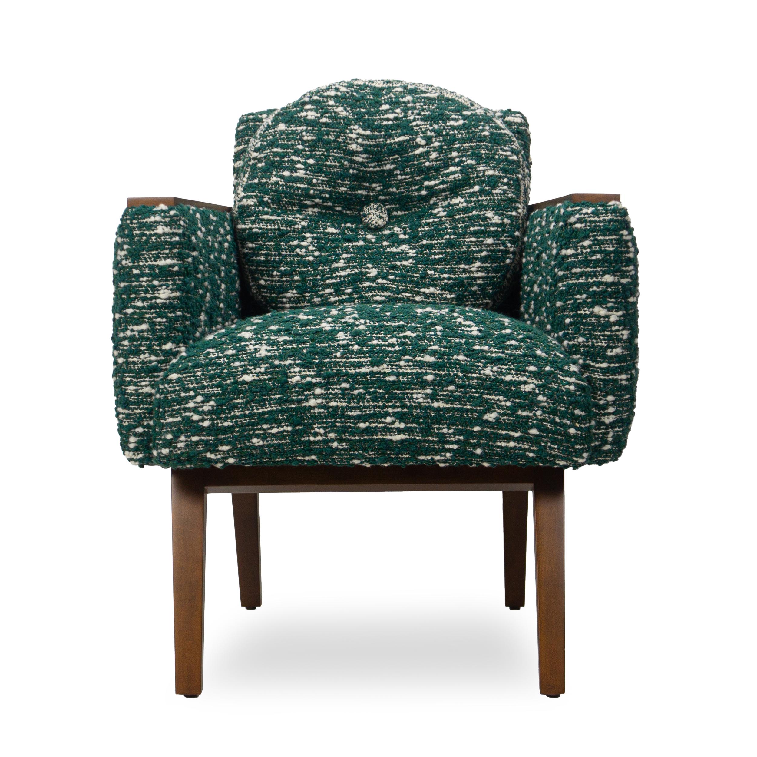 Stained Modern Chic Club Chair in Wool Green Boucle with White Strie For Sale