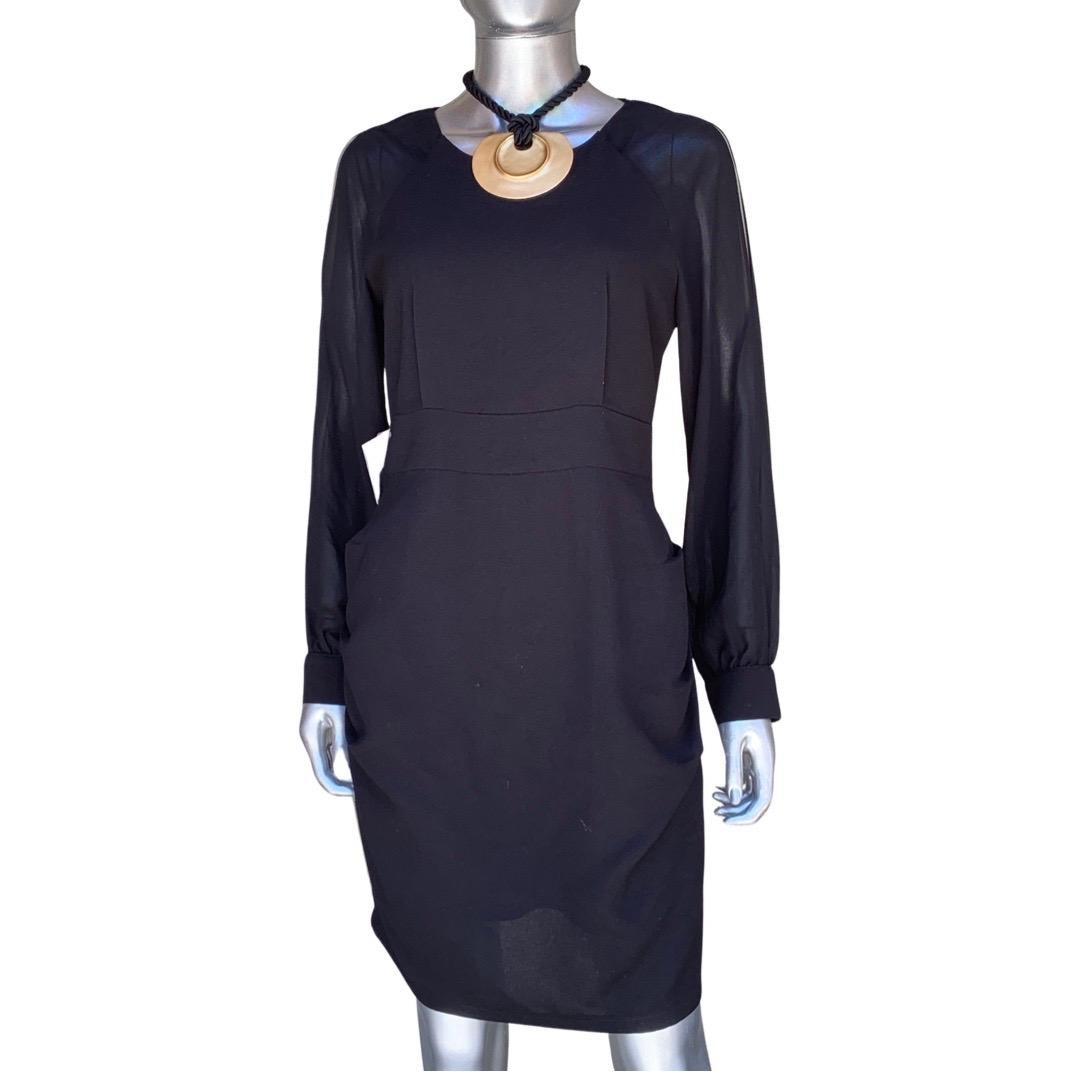 Modern & Chic Little Black Dress with Sheer Sleeves and Draped Skirt Size 6/8 For Sale 3
