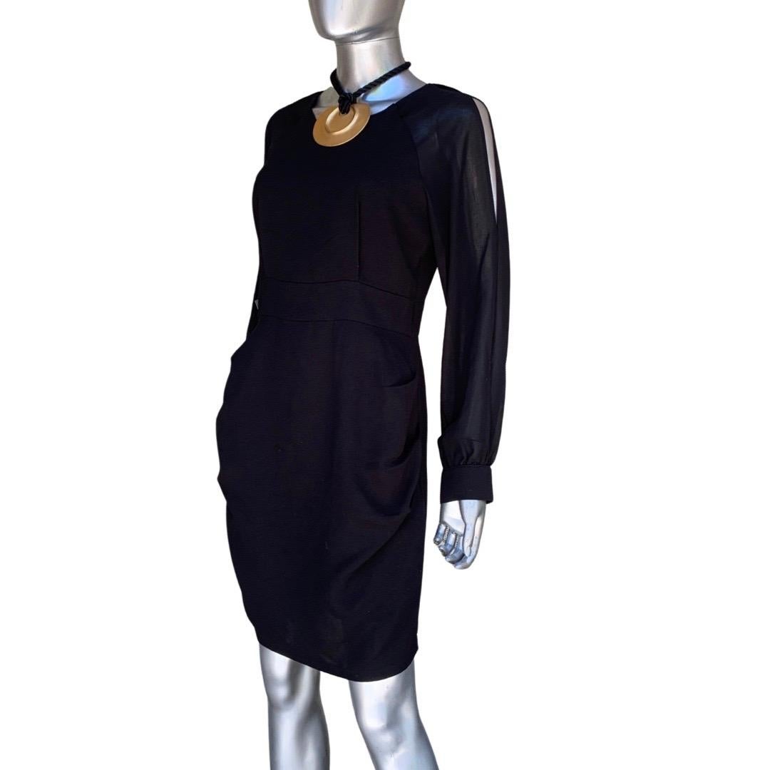 Modern & Chic Little Black Dress with Sheer Sleeves and Draped Skirt Size 6/8 For Sale 5