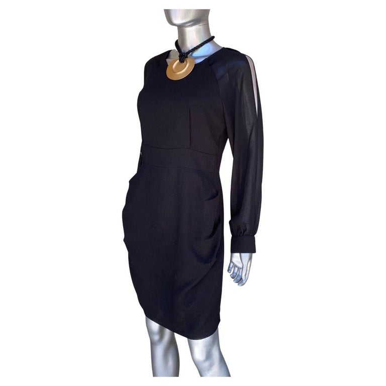 Modern and Chic Little Black Dress with Sheer Sleeves and Draped Skirt Size  6/8 For Sale at 1stDibs