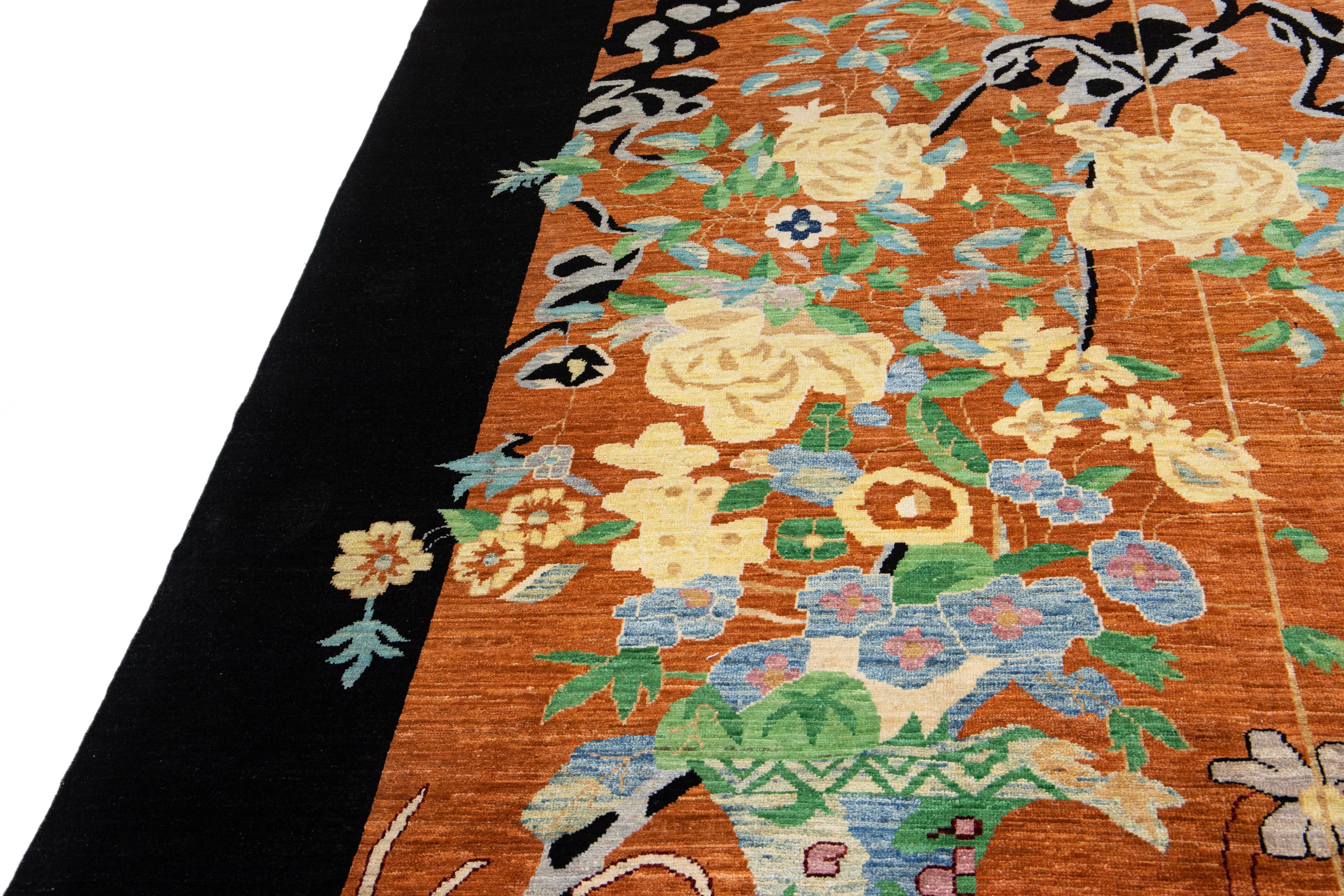 Modern Chinese Art Deco Style Brown Handmade Floral Designed Wool Rug For Sale 5
