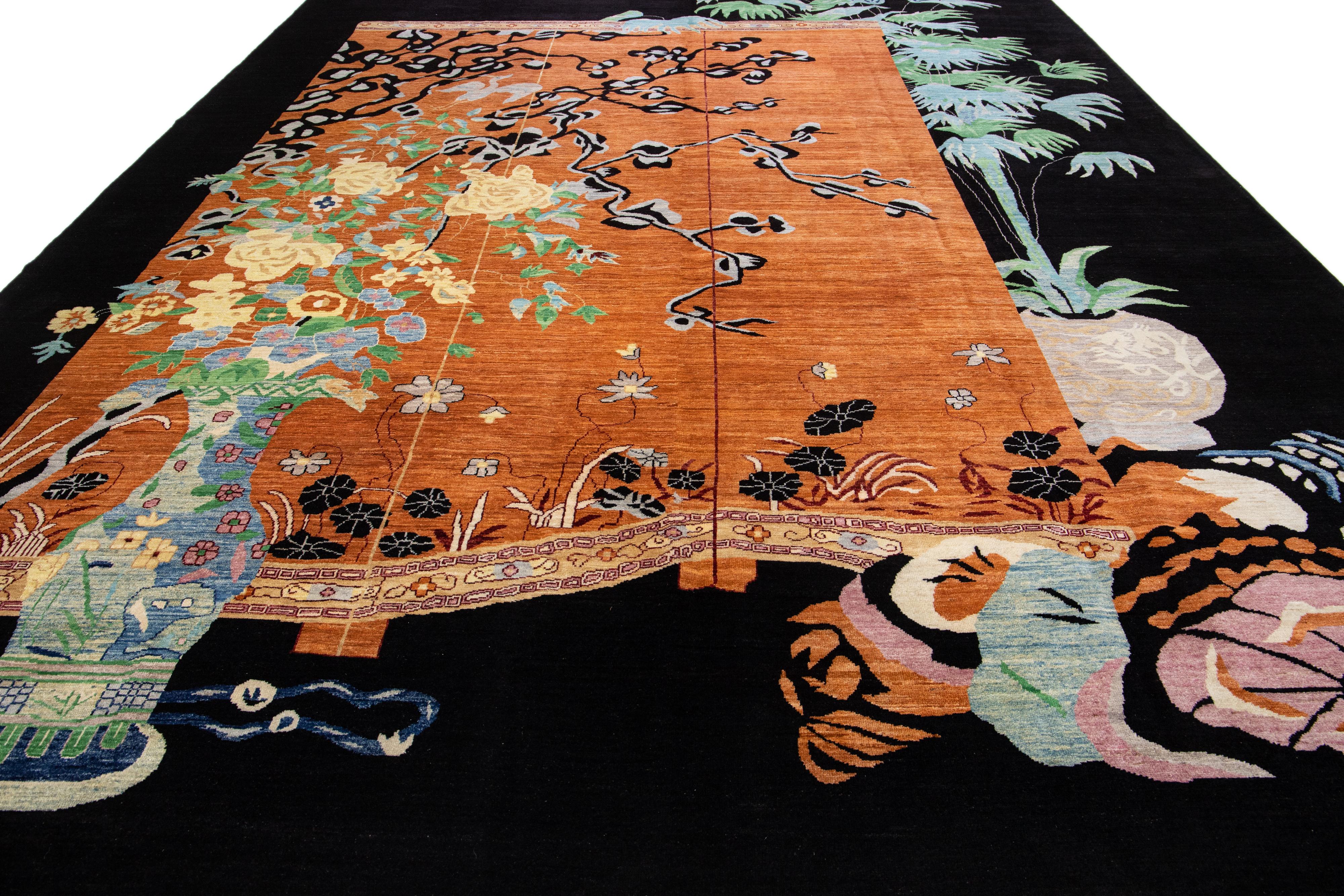 Moderner moderner chinesischer brauner handgefertigter Wollteppich im Art-déco-Stil mit Blumenmuster (Art déco) im Angebot