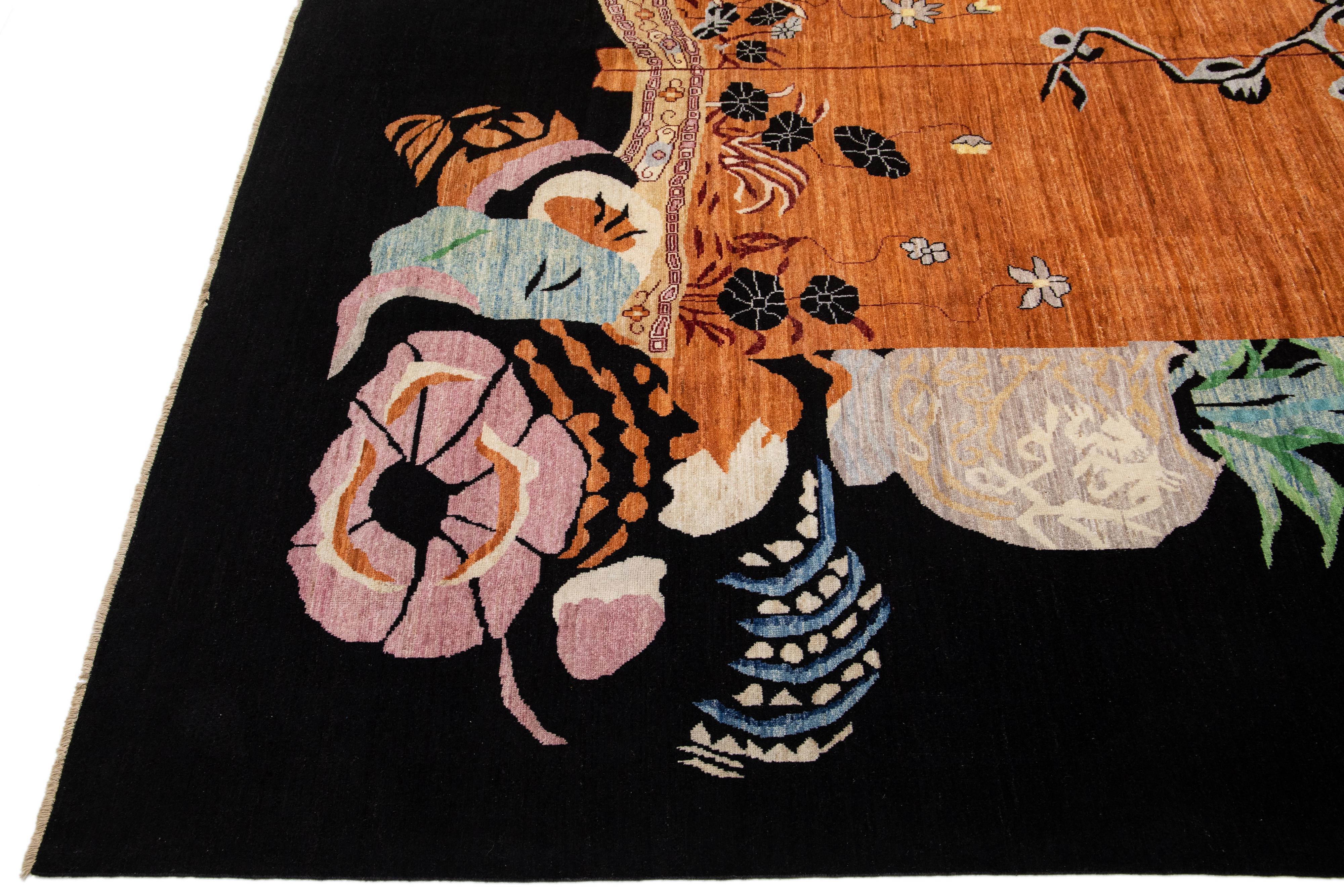 Modern Chinese Art Deco Style Brown Handmade Floral Designed Wool Rug In Excellent Condition For Sale In Norwalk, CT