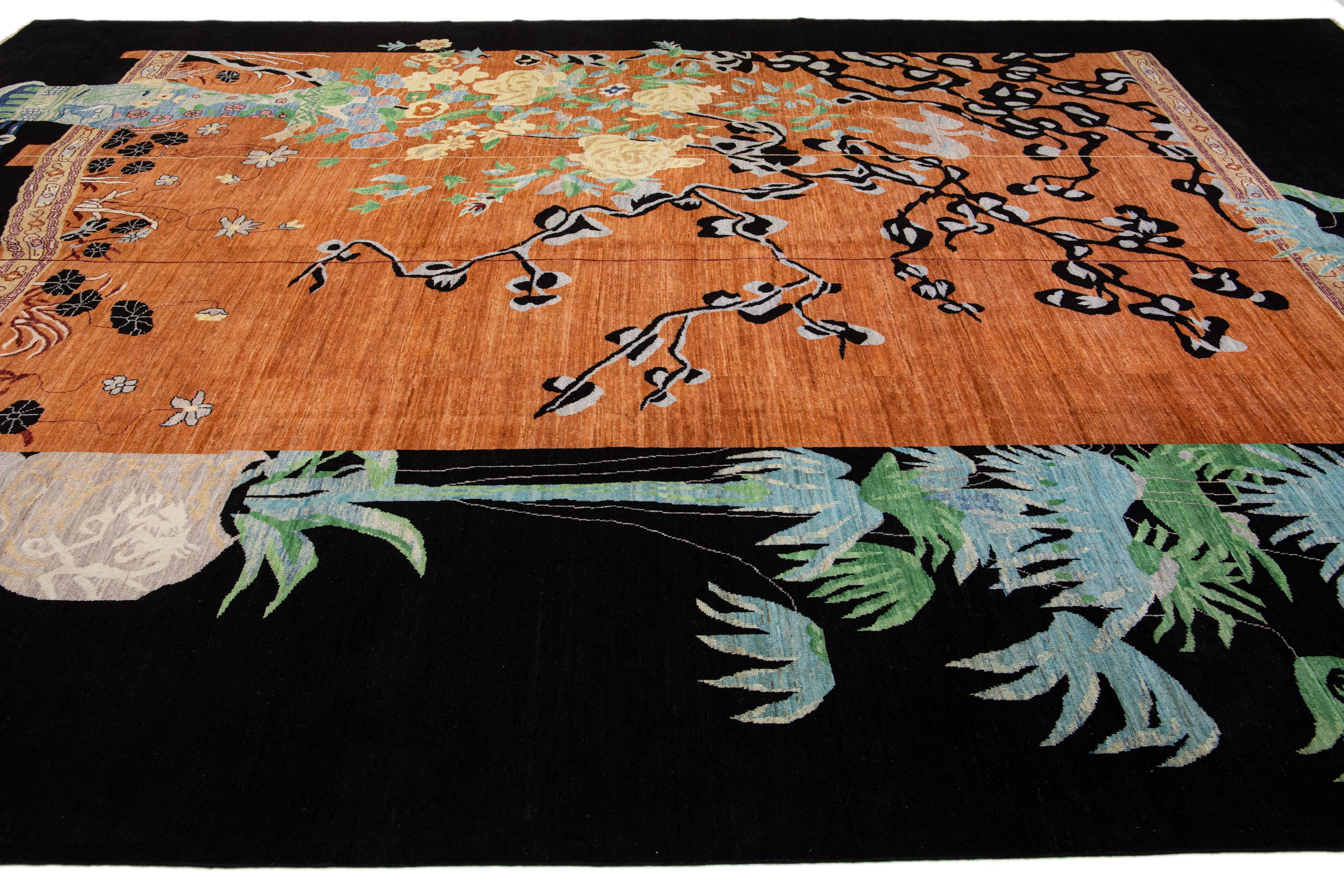 20th Century Modern Chinese Art Deco Style Brown Handmade Floral Designed Wool Rug For Sale