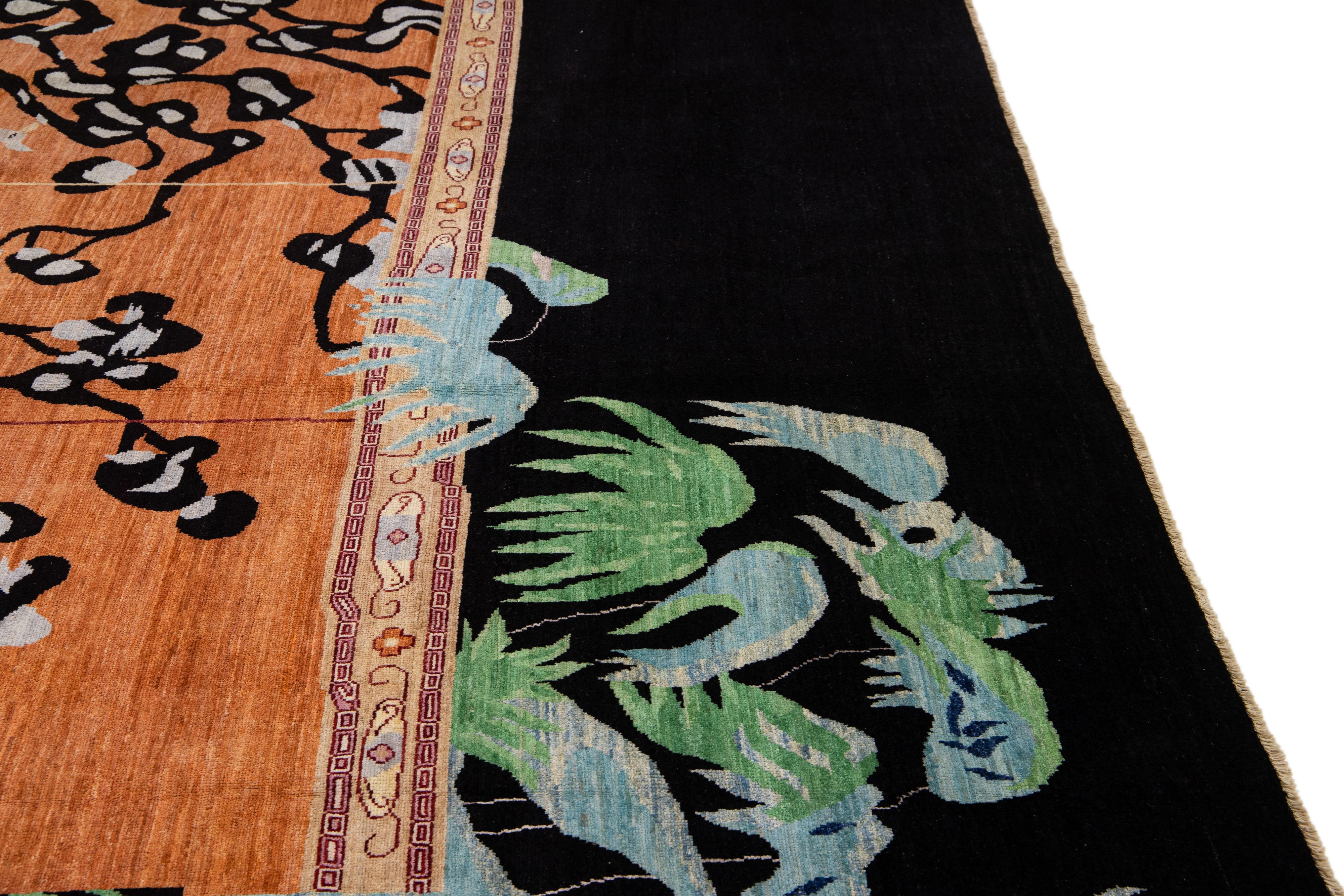 Modern Chinese Art Deco Style Brown Handmade Floral Designed Wool Rug For Sale 3