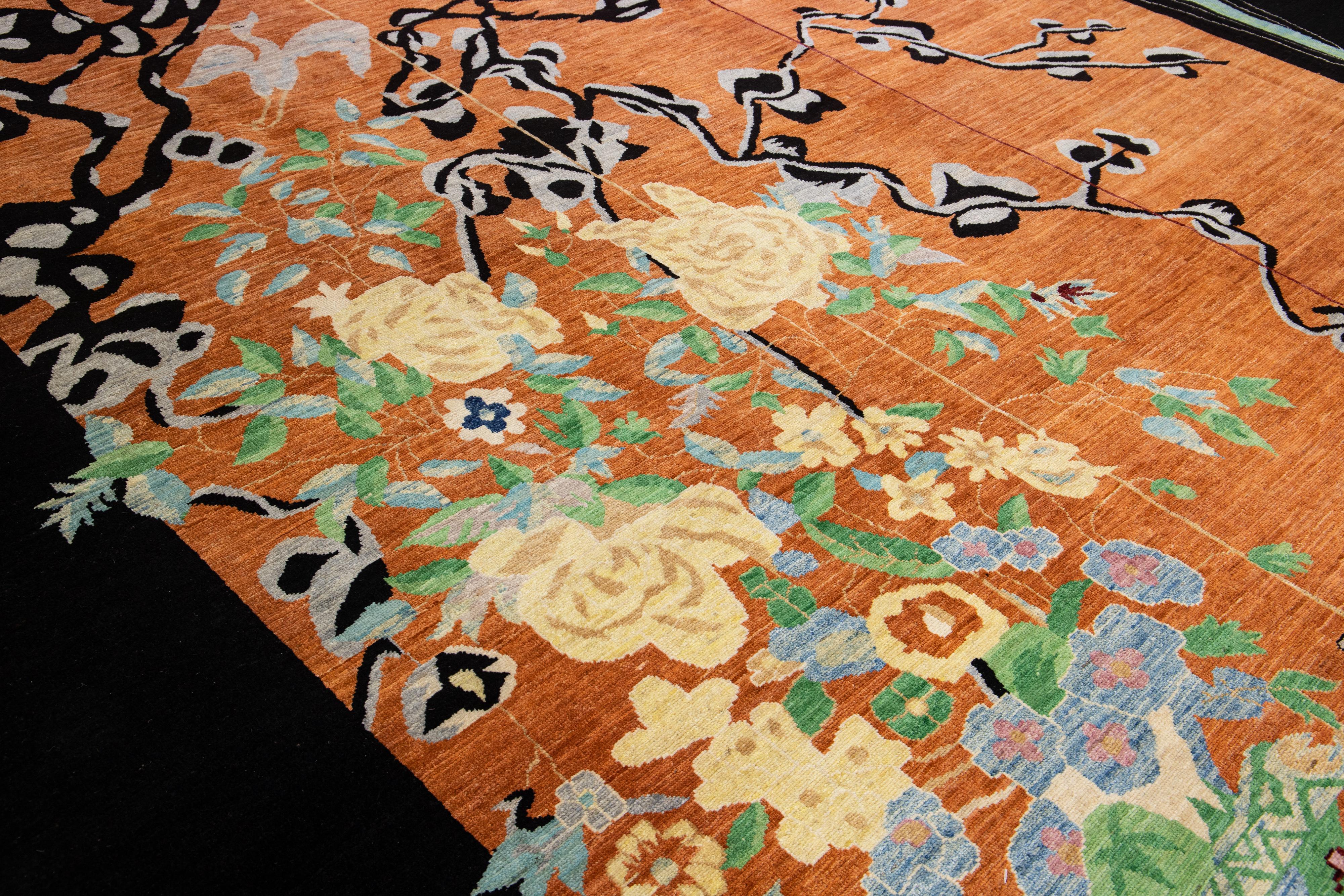 Modern Chinese Art Deco Style Brown Handmade Floral Designed Wool Rug For Sale 4