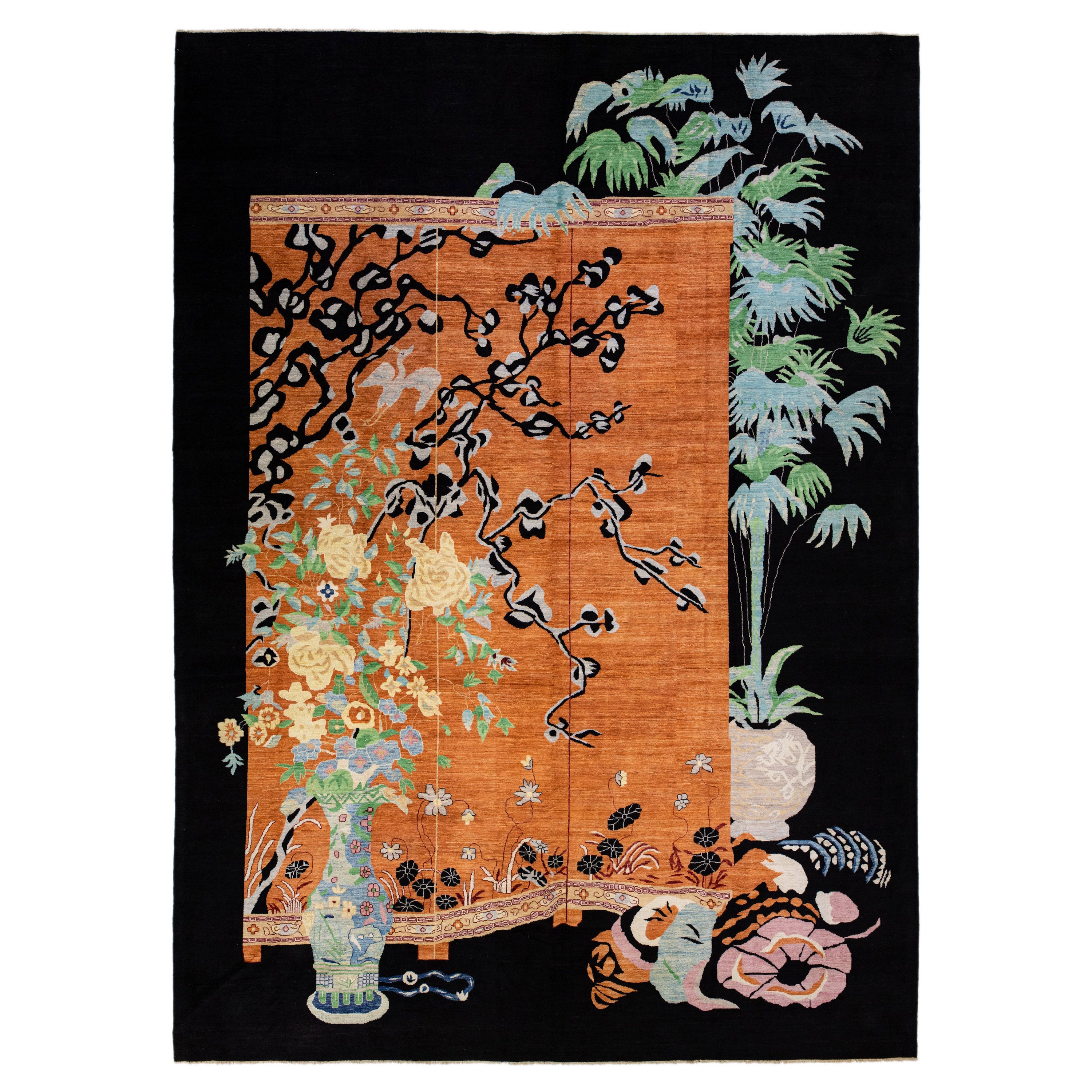 Tapis en laine marron de style Art déco chinois moderne et moderne fait à la main avec motifs floraux en vente