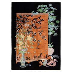 Tapis en laine marron de style Art déco chinois moderne et moderne fait à la main avec motifs floraux