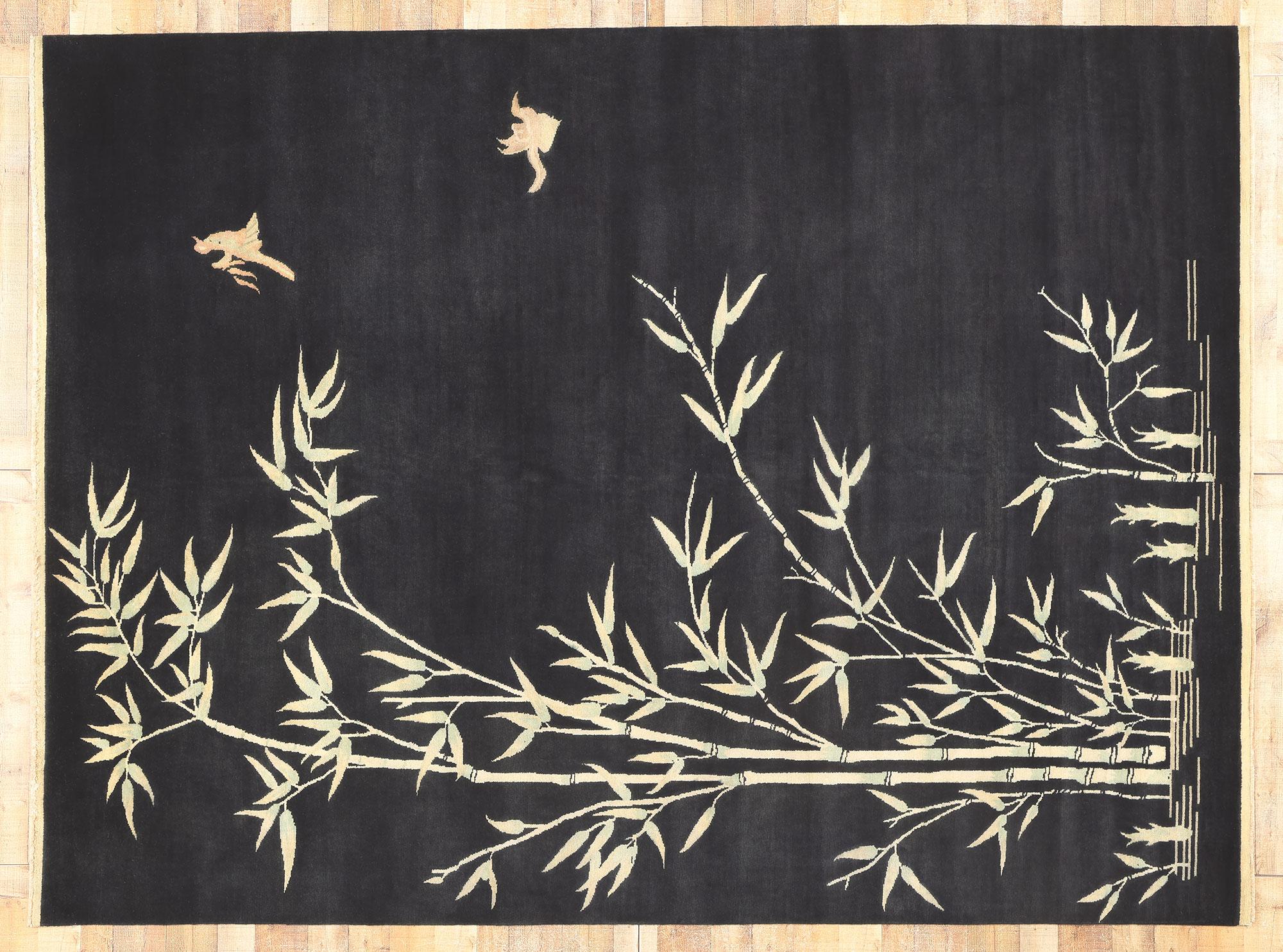 New Contemporary Black Chinese Art Deco Bamboo Pictorial Rug, 09'02 x 12'04 en vente 1