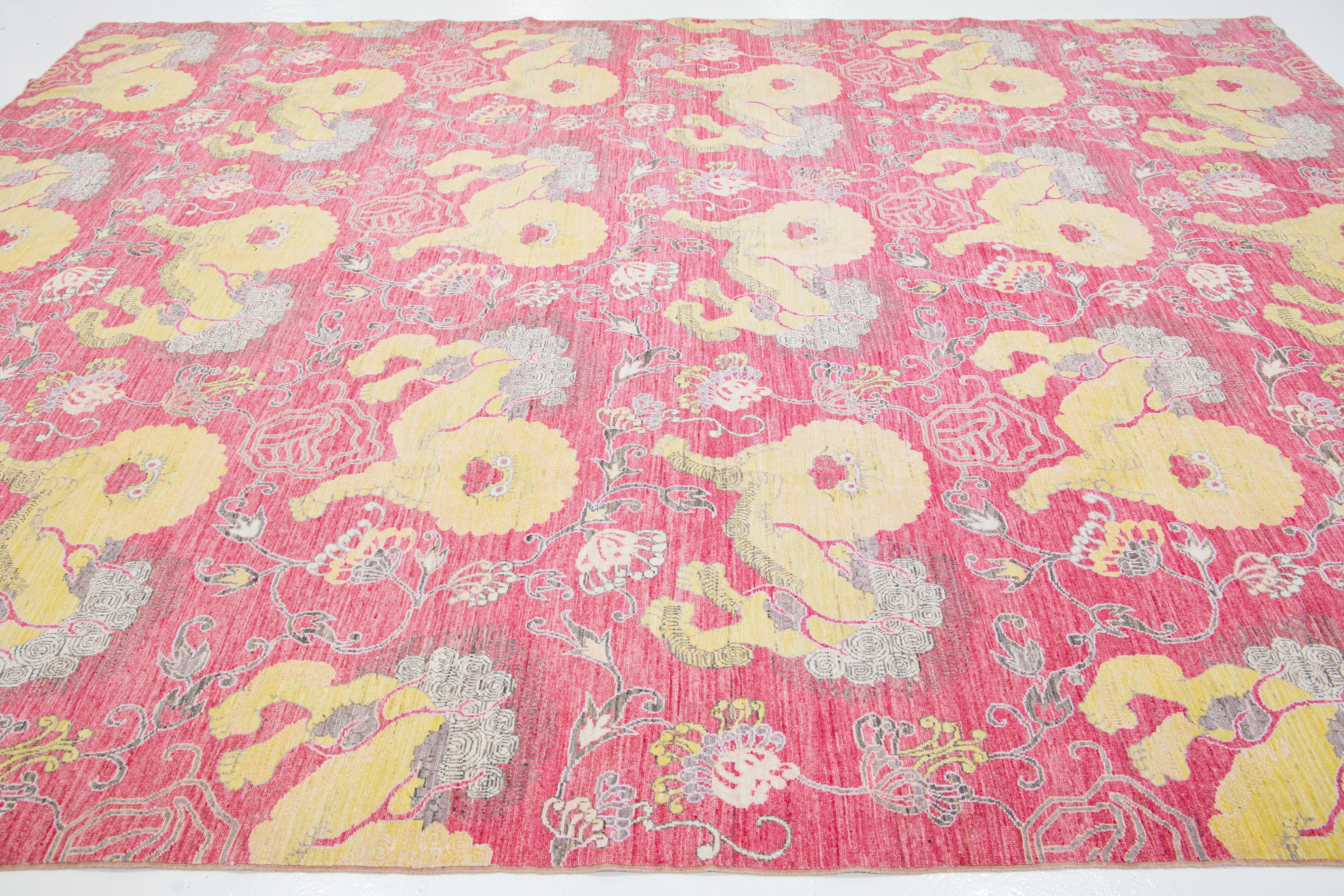 Hand-Knotted Modern Chinese Art Deco Style Wool Rug in Pink With Pictorial Designed For Sale