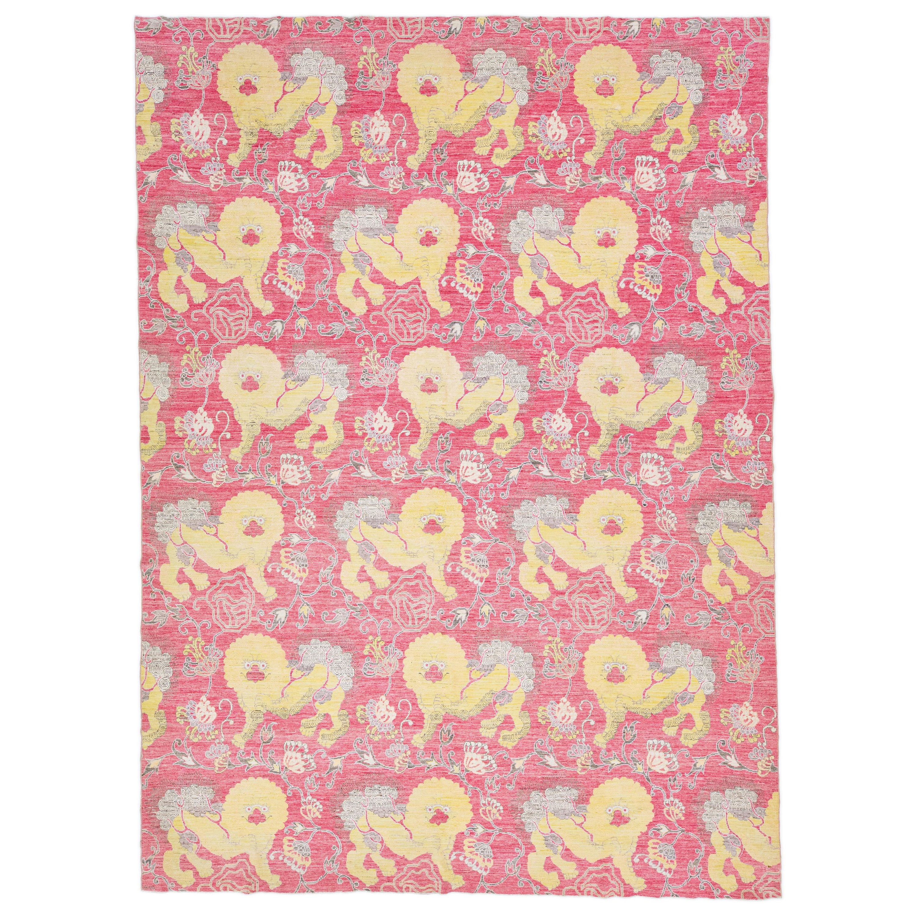 Tappeto in lana in stile Art Deco cinese moderno di colore rosa con disegno pittorico in vendita
