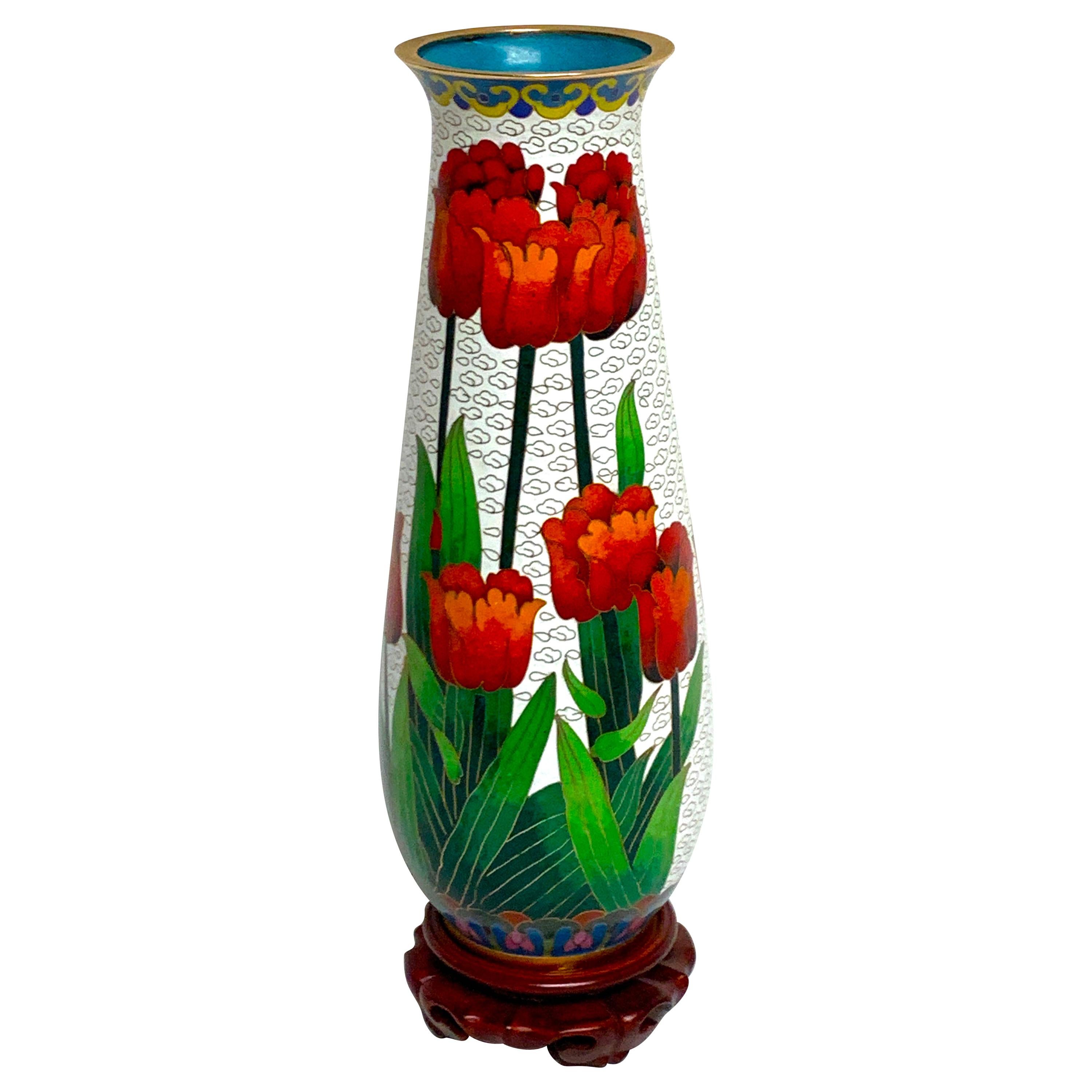 Modern Chinese Cloisonné Tulip Motif Tapered Vase and Stand