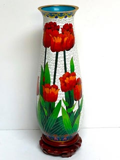 Modern Chinese Cloisonné Tulip Motif Tapered Vase and Stand