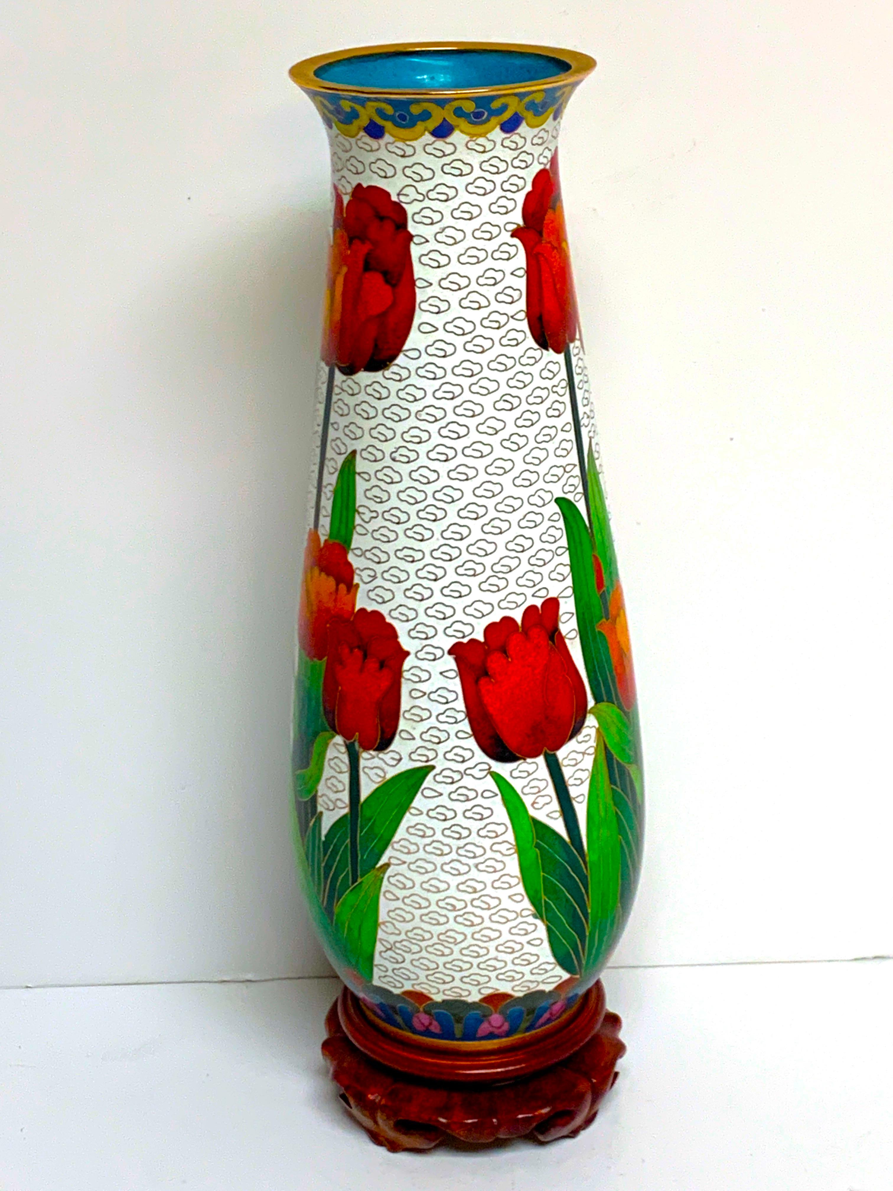 Modern Chinese Cloisonné Tulip Motif Tapered Vase and Stand In Good Condition In West Palm Beach, FL