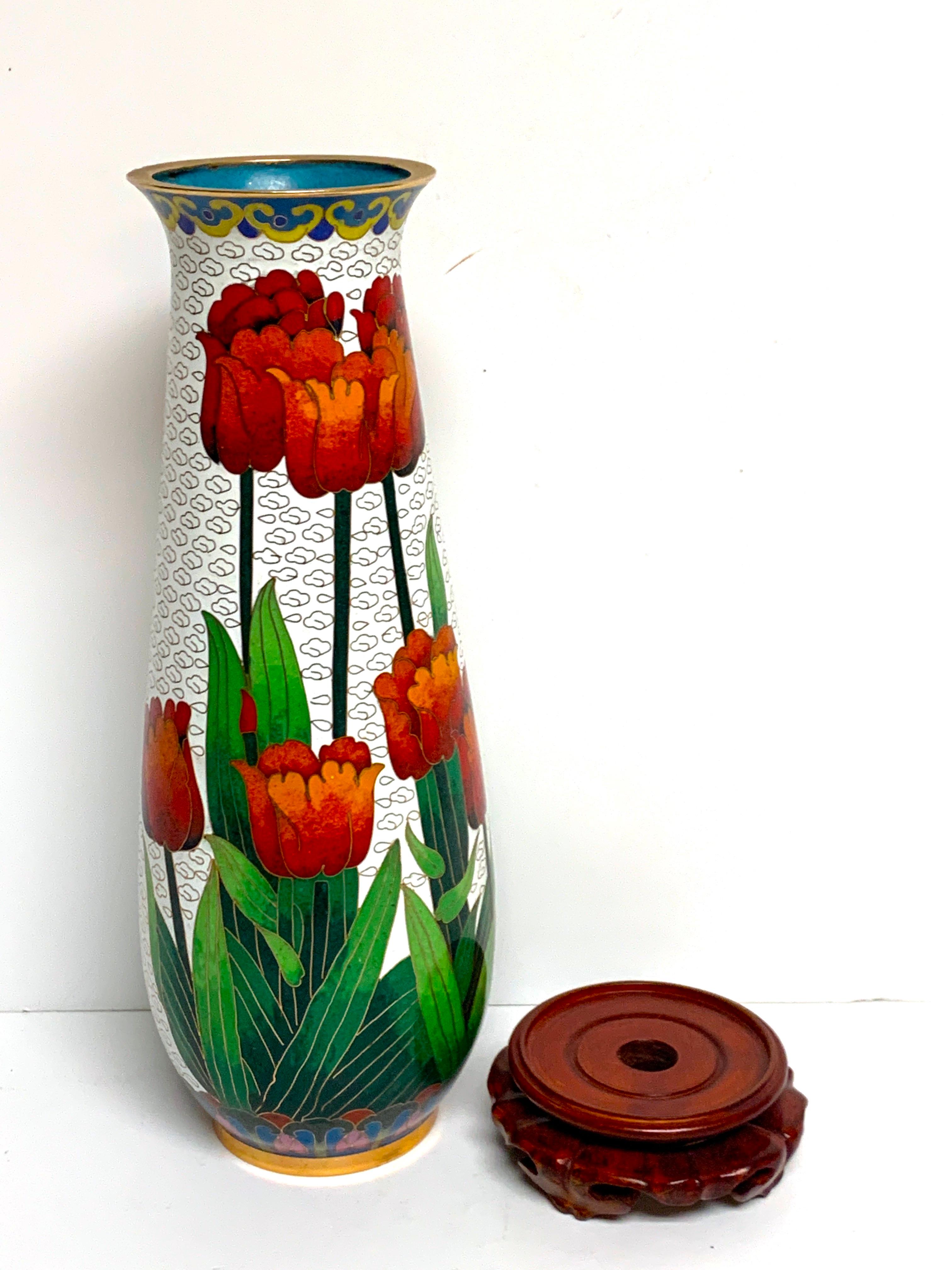 Modern Chinese Cloisonné Tulip Motif Tapered Vase and Stand 1