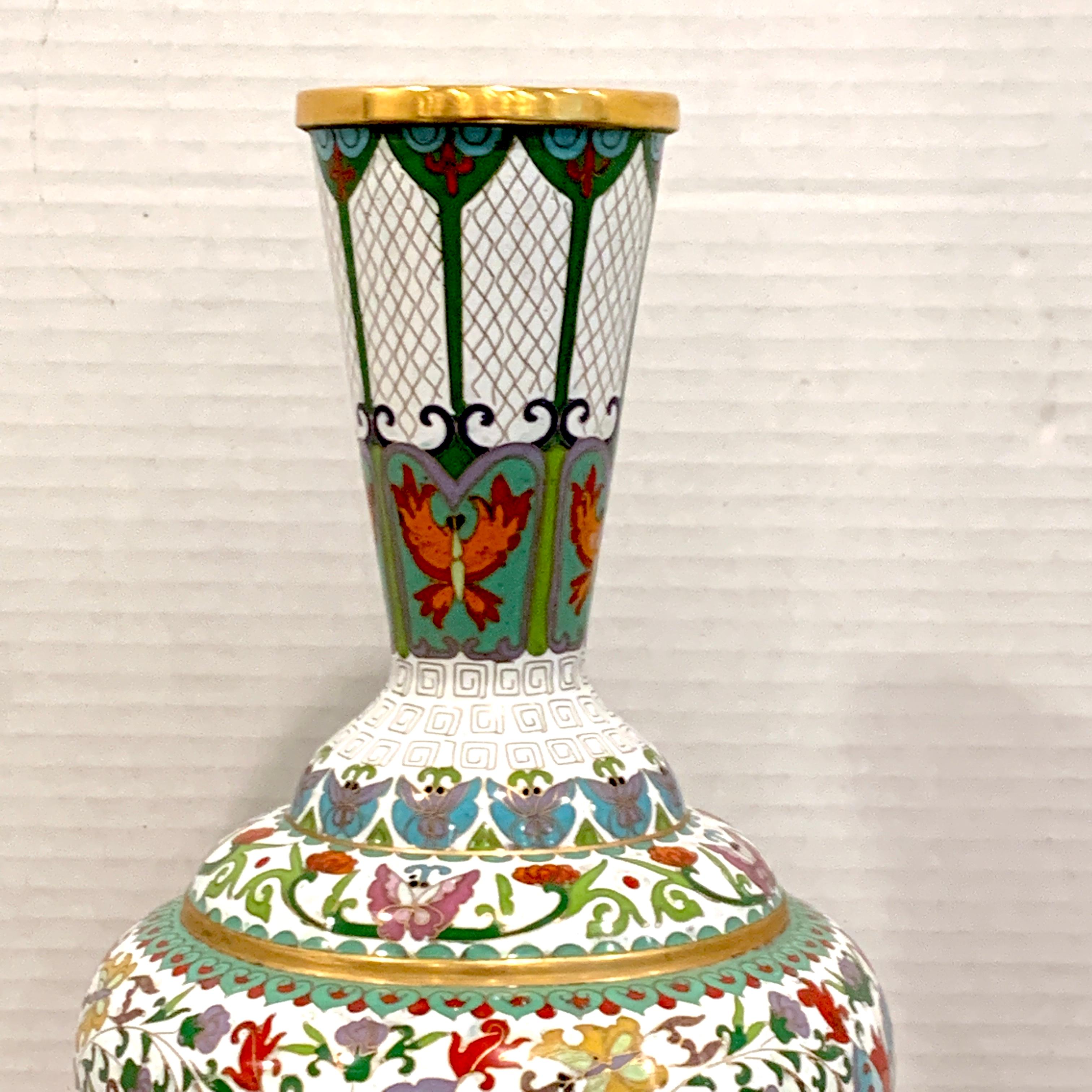 Chinese Export Modern Chinese Cloisonné Vase, White Background and Butterflies For Sale