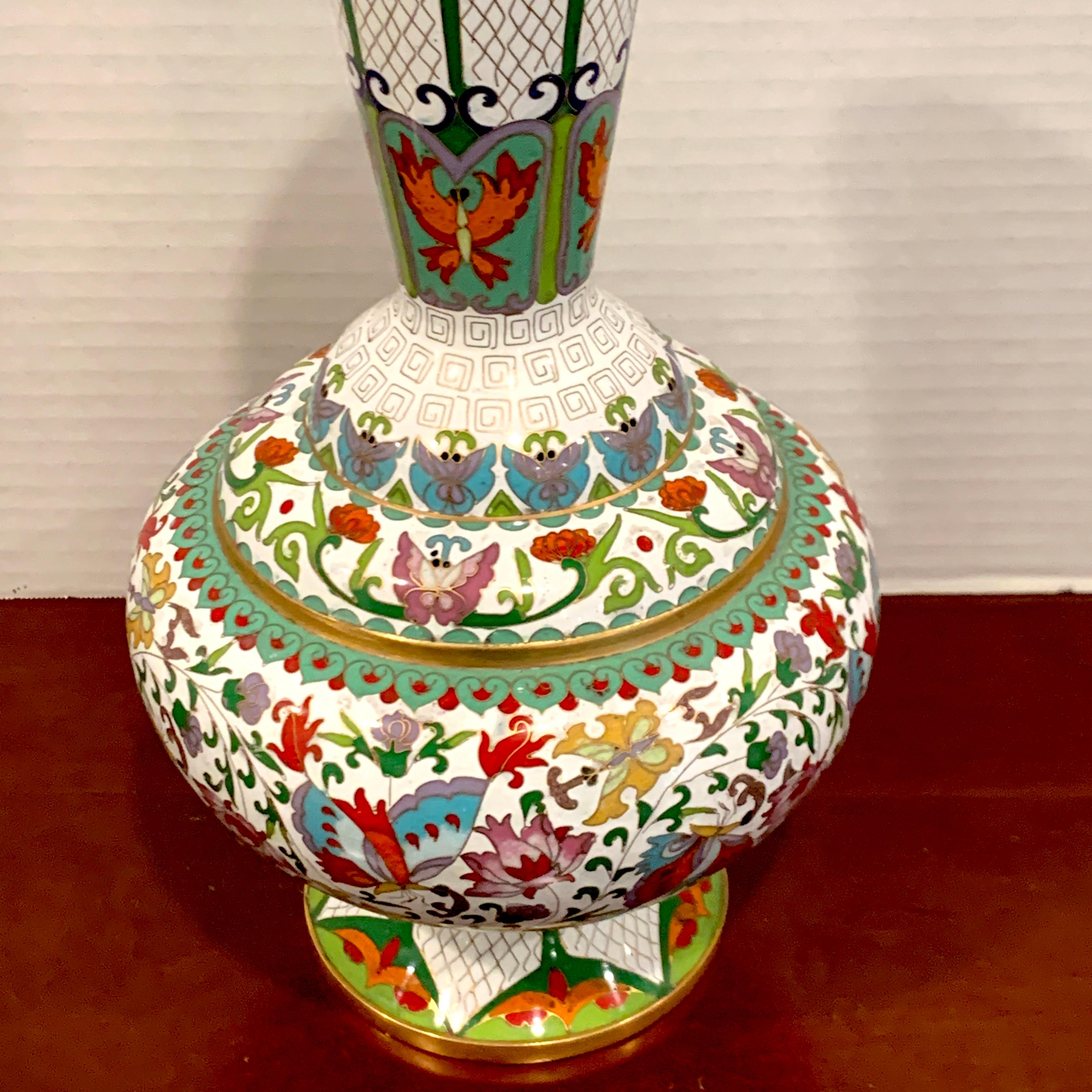 20th Century Modern Chinese Cloisonné Vase, White Background and Butterflies For Sale