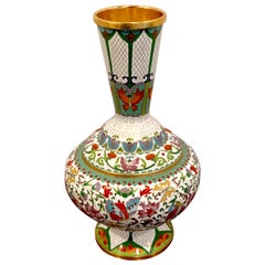Vintage Modern Chinese Cloisonné Vase, White Background and Butterflies