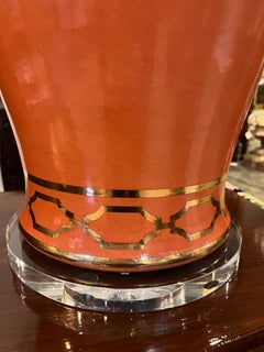 Modern Chinese Custom Porcelain Lamp with Gold Accents and Acrylic Base