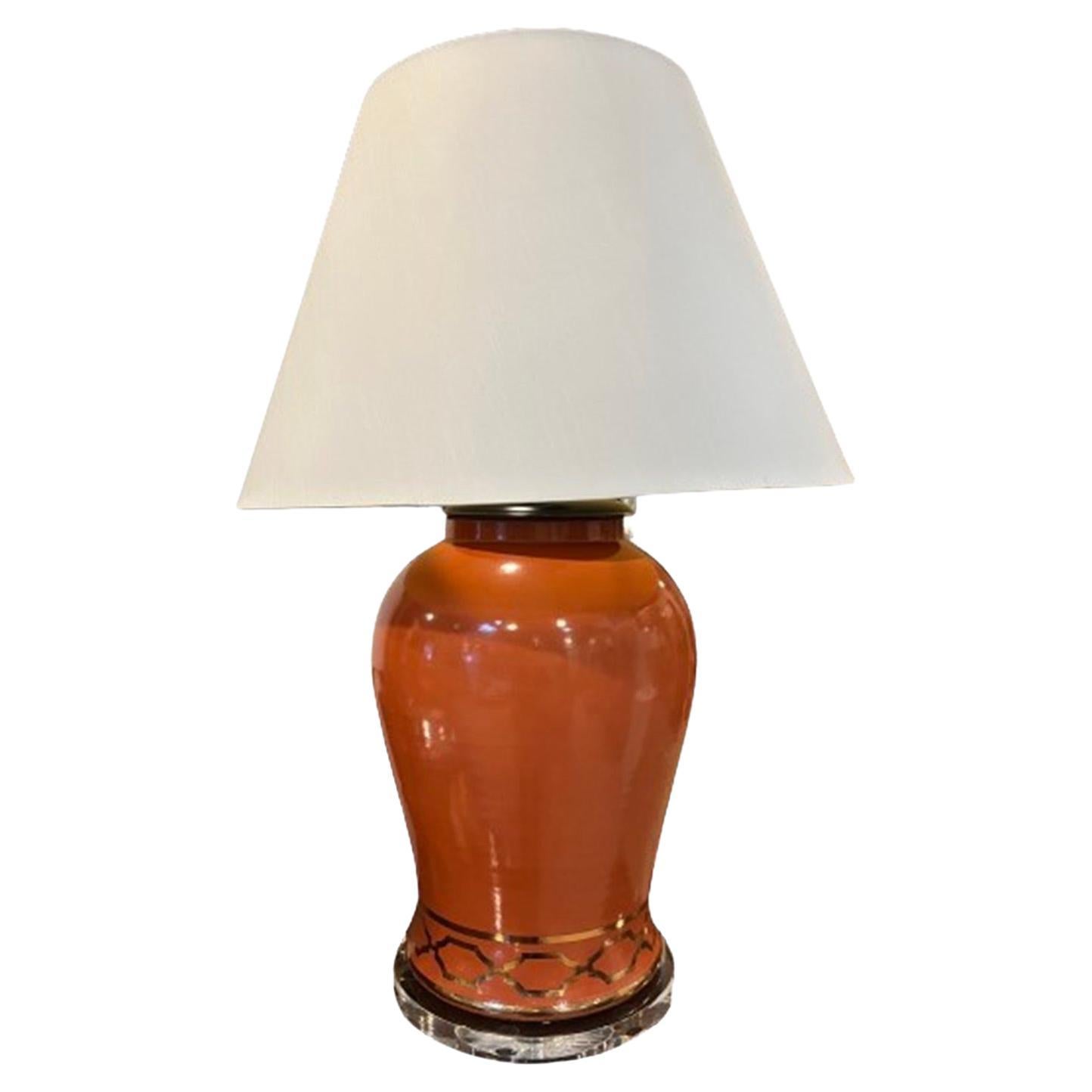 Modern Chinese Custom Porcelain Lamp with Gold Accents and Acrylic Base  For Sale