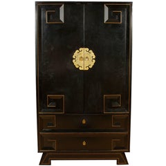 Modern Chinese Deco Style Gilt-Metal Mounted Ebonized Armoire Modern Chinese Deco Style Gilt-Metal Mounted Ebonized Armoire