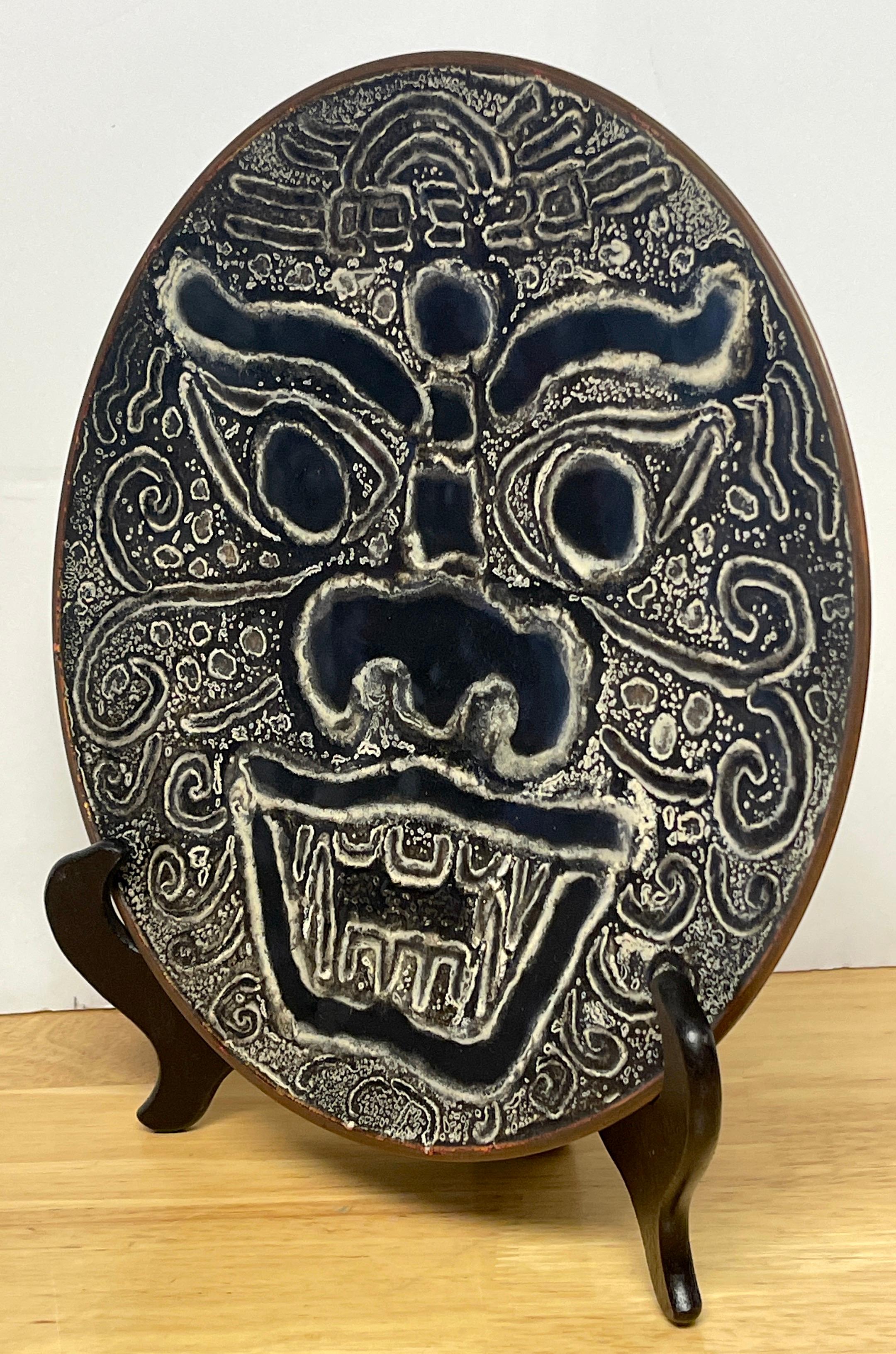 20th Century Modern Chinese Export Enamel Foo Dog Motif Charger with Stand  For Sale
