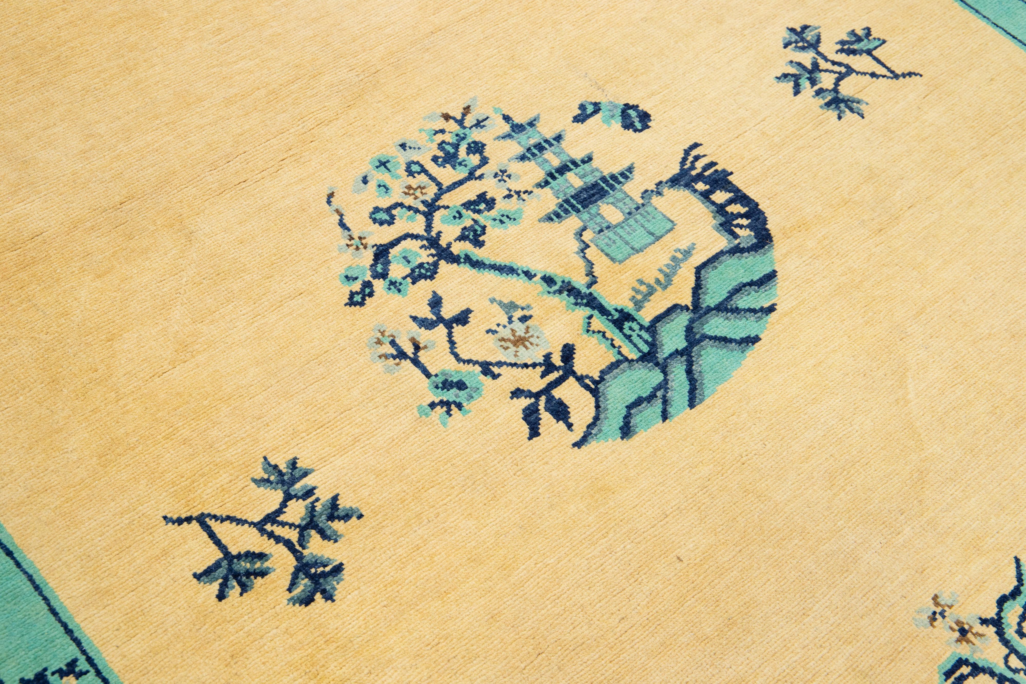 Modern Chinese Peking Style Wool Rug Handmade in Muted Tones with Dragon Design For Sale 3