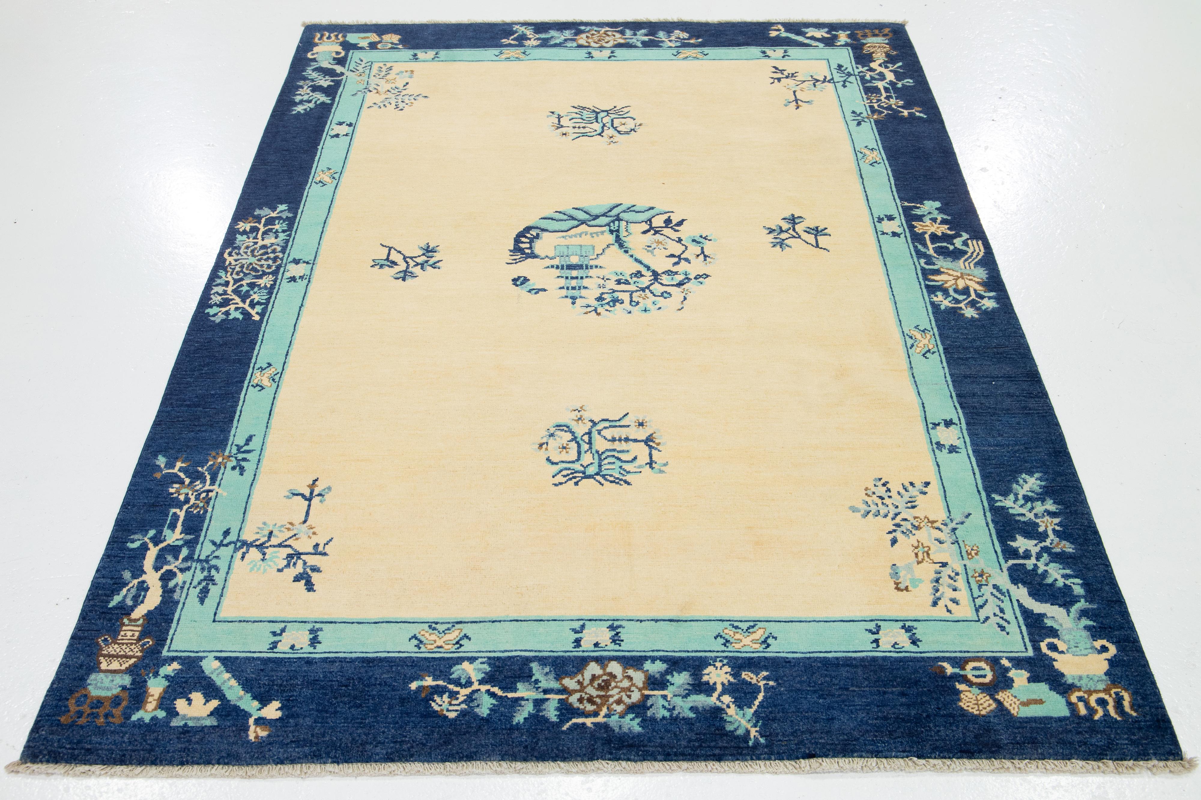 Modern Chinese Peking Style Wool Rug Handmade in Muted Tones with Dragon Design For Sale 4