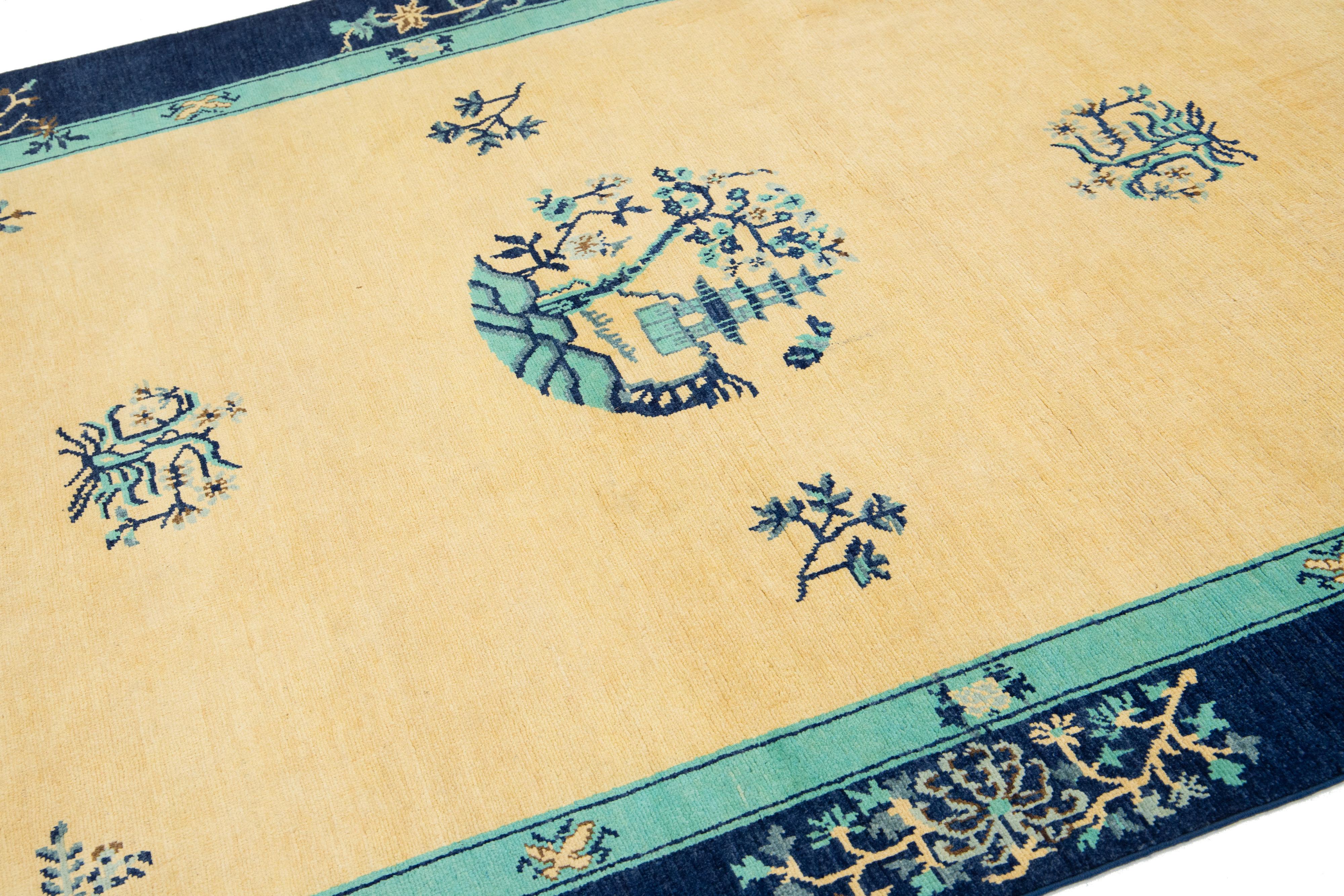 Hand-Knotted Modern Chinese Peking Style Wool Rug Handmade in Muted Tones with Dragon Design For Sale