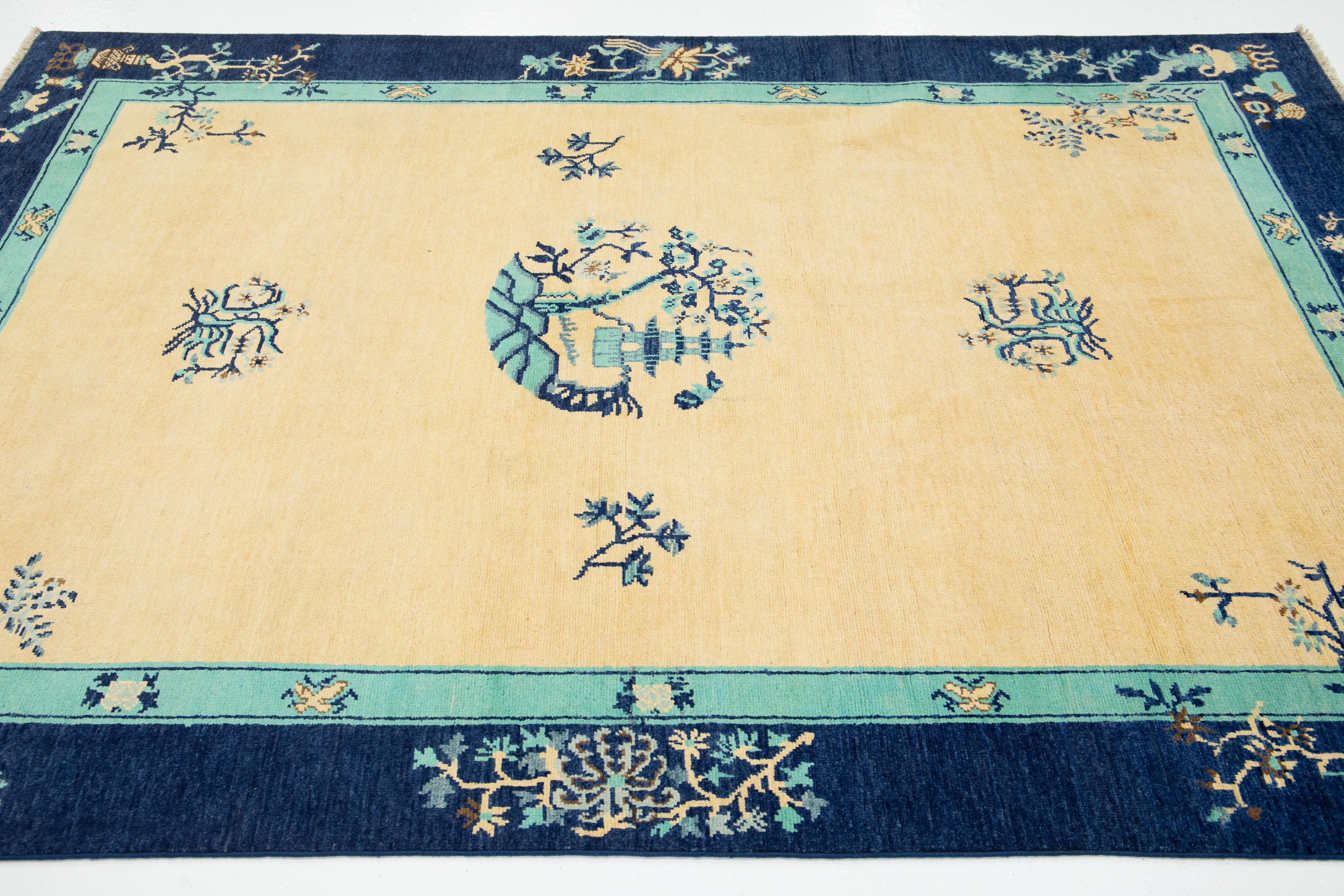 Contemporary Modern Chinese Peking Style Wool Rug Handmade in Muted Tones with Dragon Design For Sale