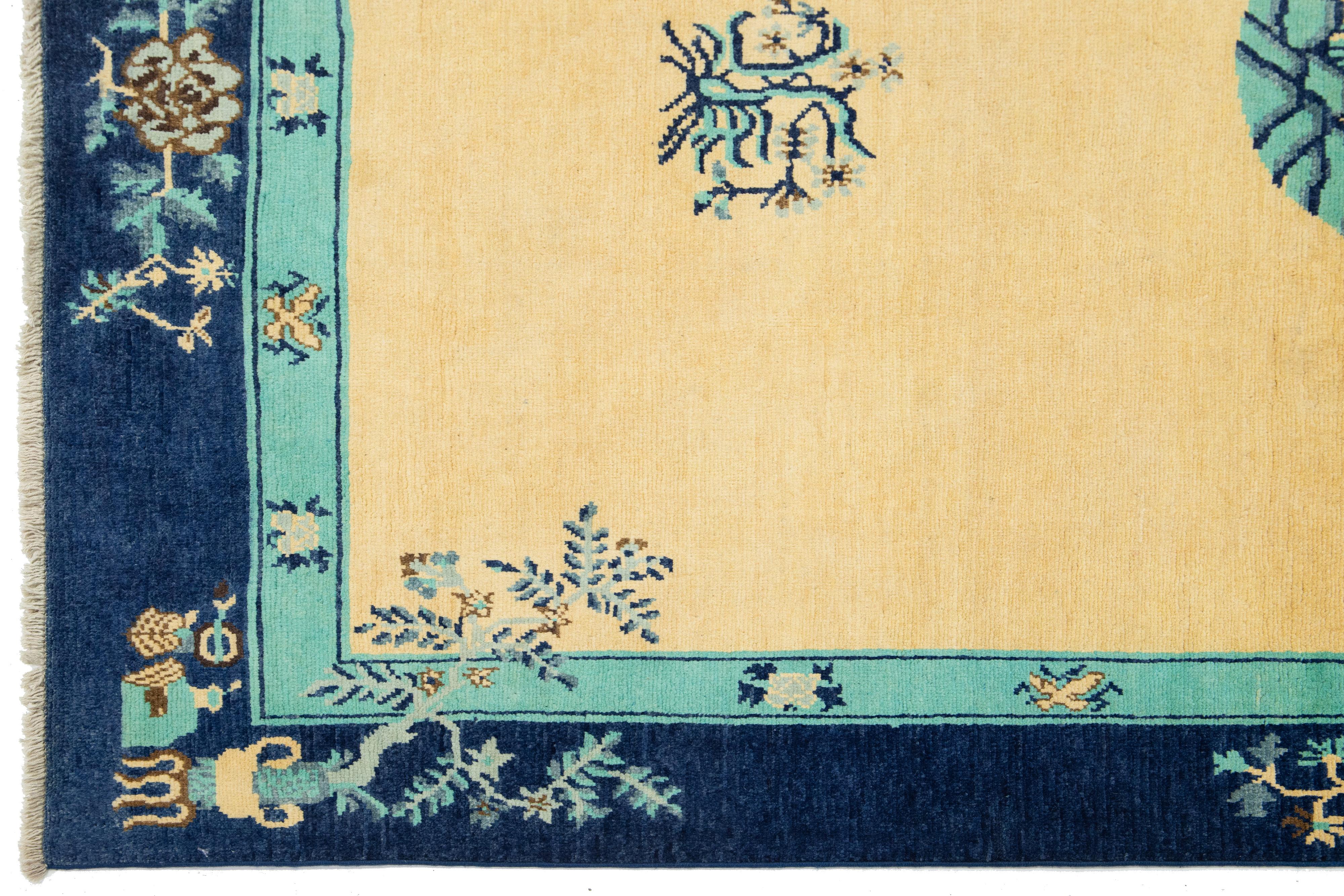 Modern Chinese Peking Style Wool Rug Handmade in Muted Tones with Dragon Design For Sale 1