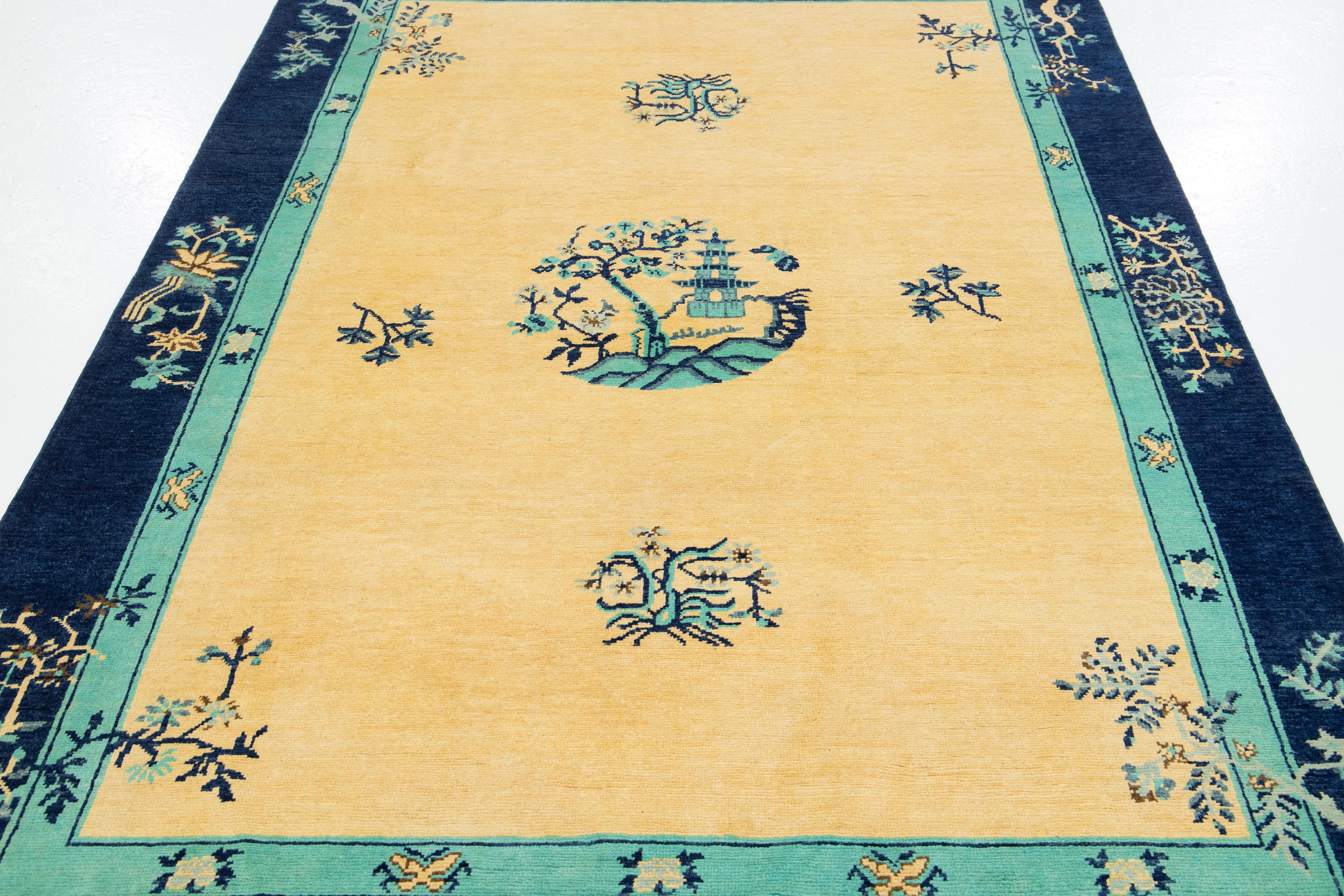 Modern Chinese Peking Style Wool Rug Handmade in Muted Tones with Dragon Design For Sale 2