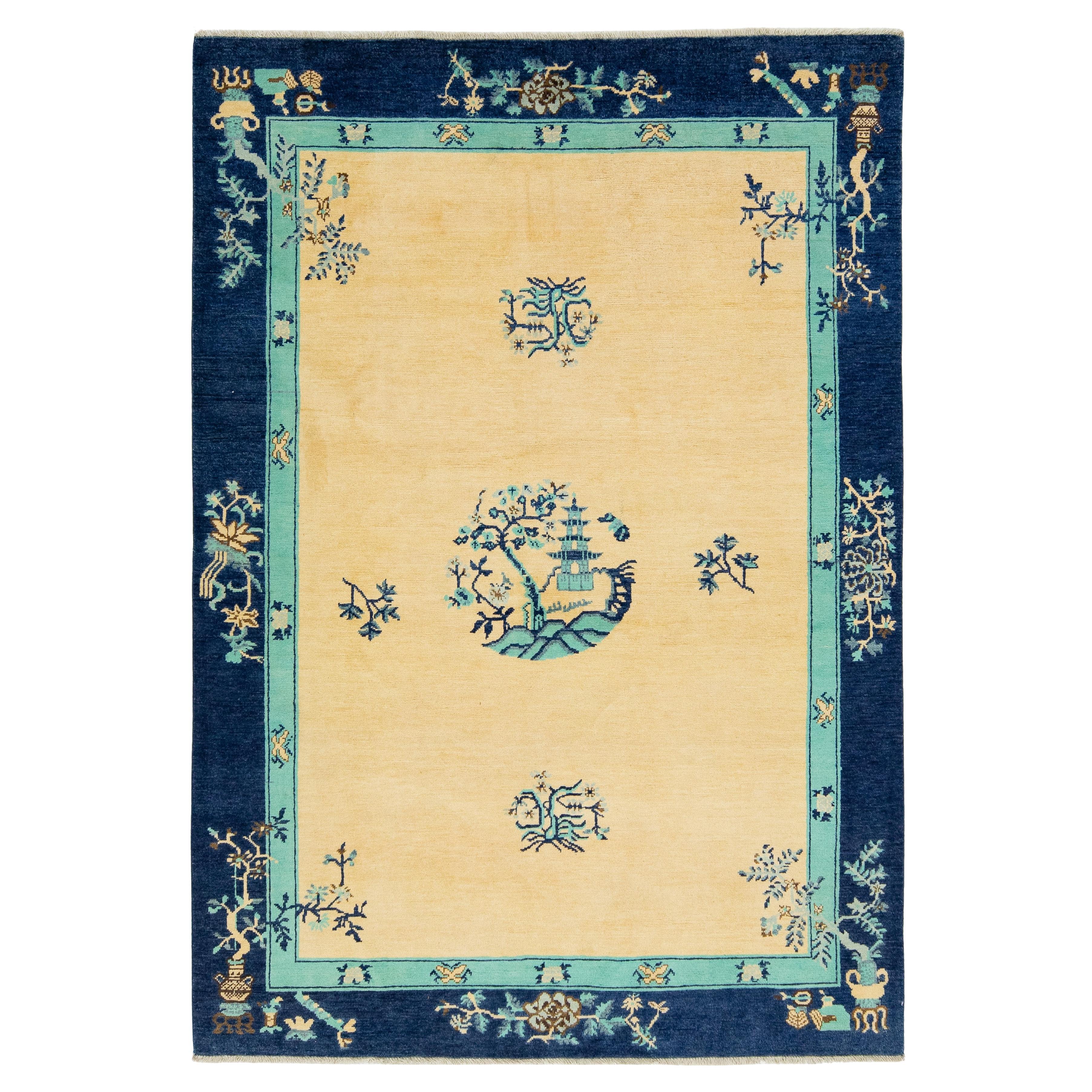 Modern Chinese Peking Style Wool Rug Handmade in Muted Tones with Dragon Design