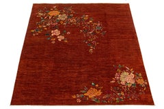 Modern Chinese Style Wool Rug Handmade In Terracora Red Color With Floral Motif