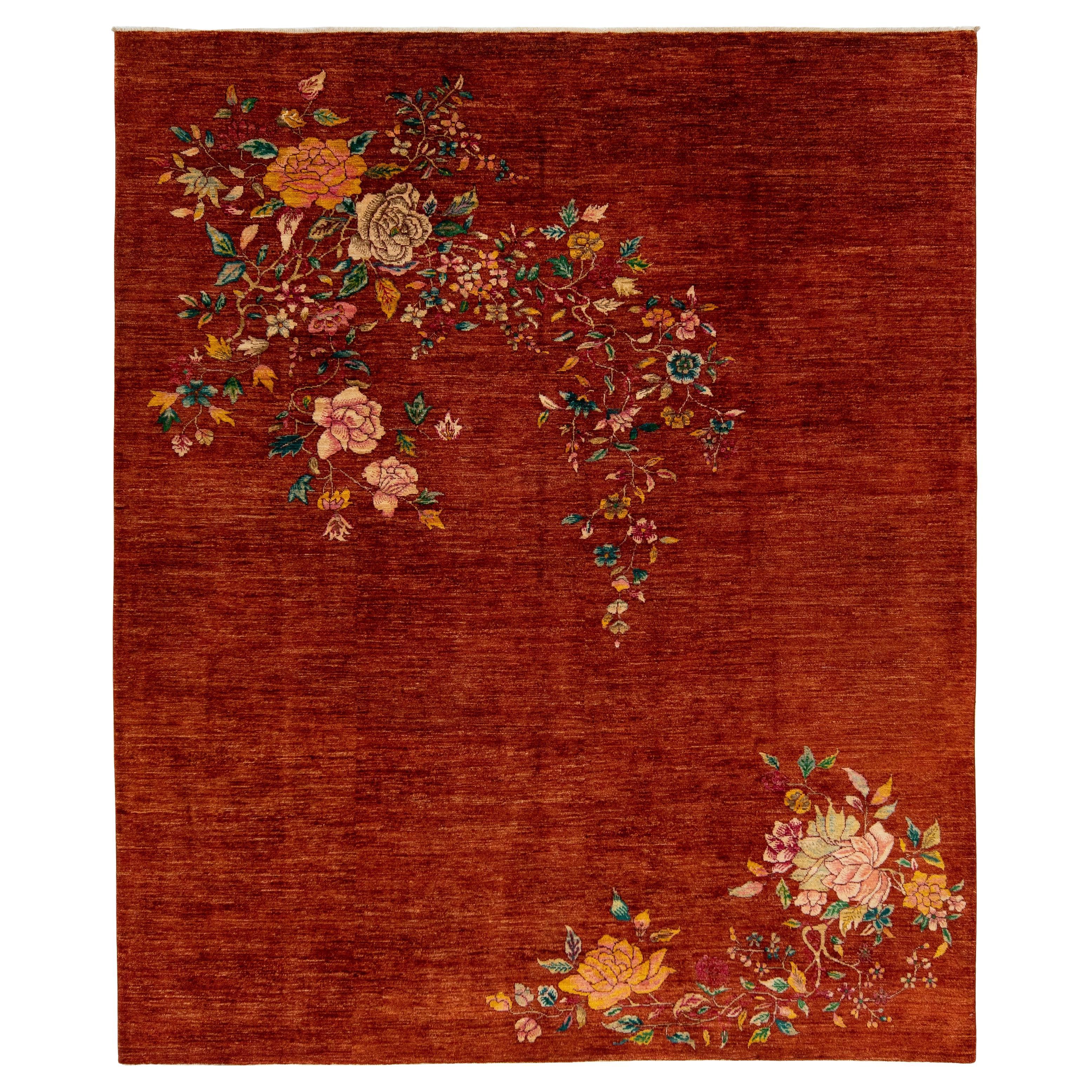 Tappeto di lana in stile cinese moderno fatto a mano in colore rosso terracora con motivo floreale