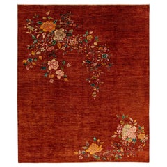 Modern Chinese Style Wool Rug Handmade In Terracora Red Color With Floral Motif