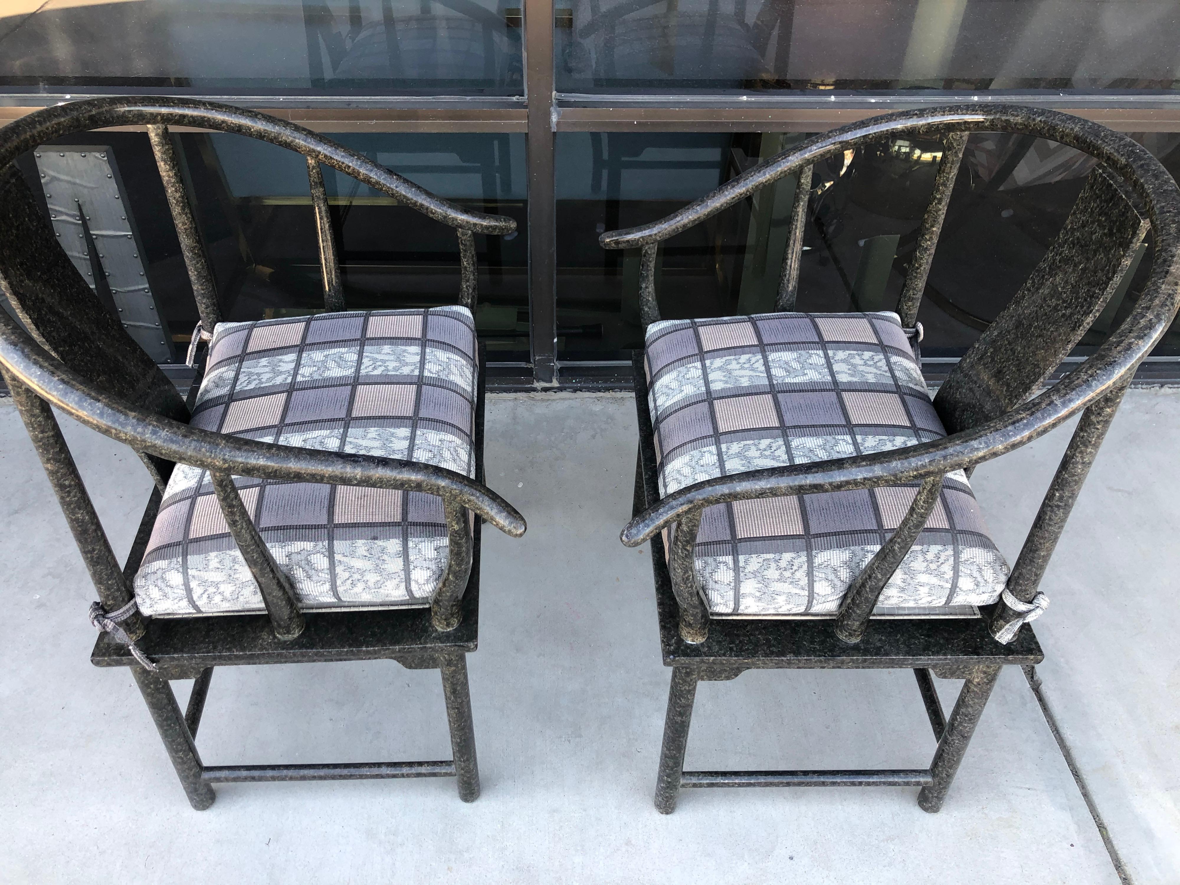 This amazing custom made set made by Marge Carson in a modern chinoiserie style was from a very upscale Rancho Mirage estate. Set of 8 chairs include 6 armless modern Ming style chairs with beautiful silk blend original seat cushions and finally, a
