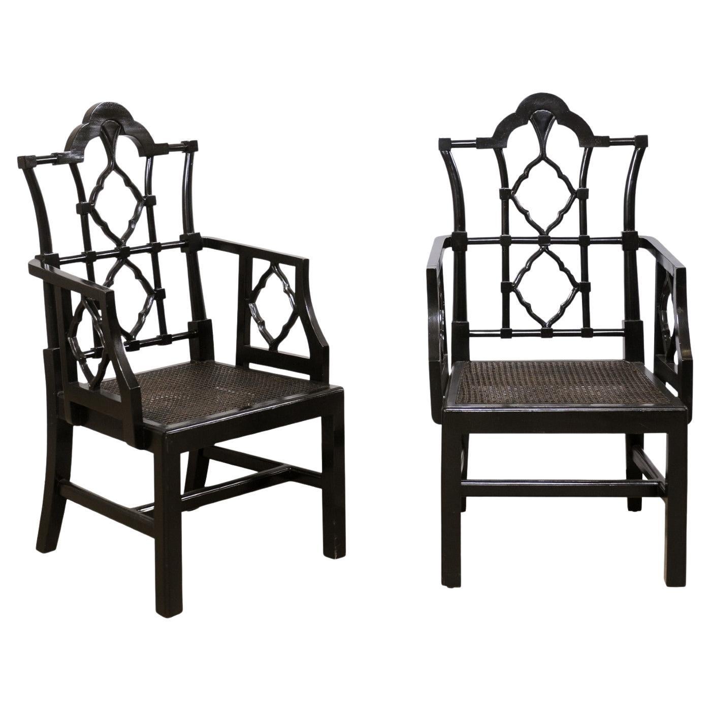 "Modern Chippendale" Style Wood Armchairs w/Lattice Back Design& Hand-Caned Seat For Sale