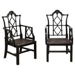 "Modern Chippendale" Style Wood Armchairs w/Lattice Back Design& Hand-Caned Seat