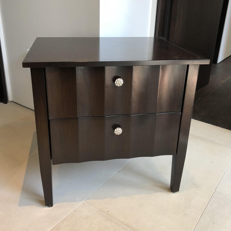 Modern Chocolate Brown Nightstands with Scalloped Detail on Drawers and