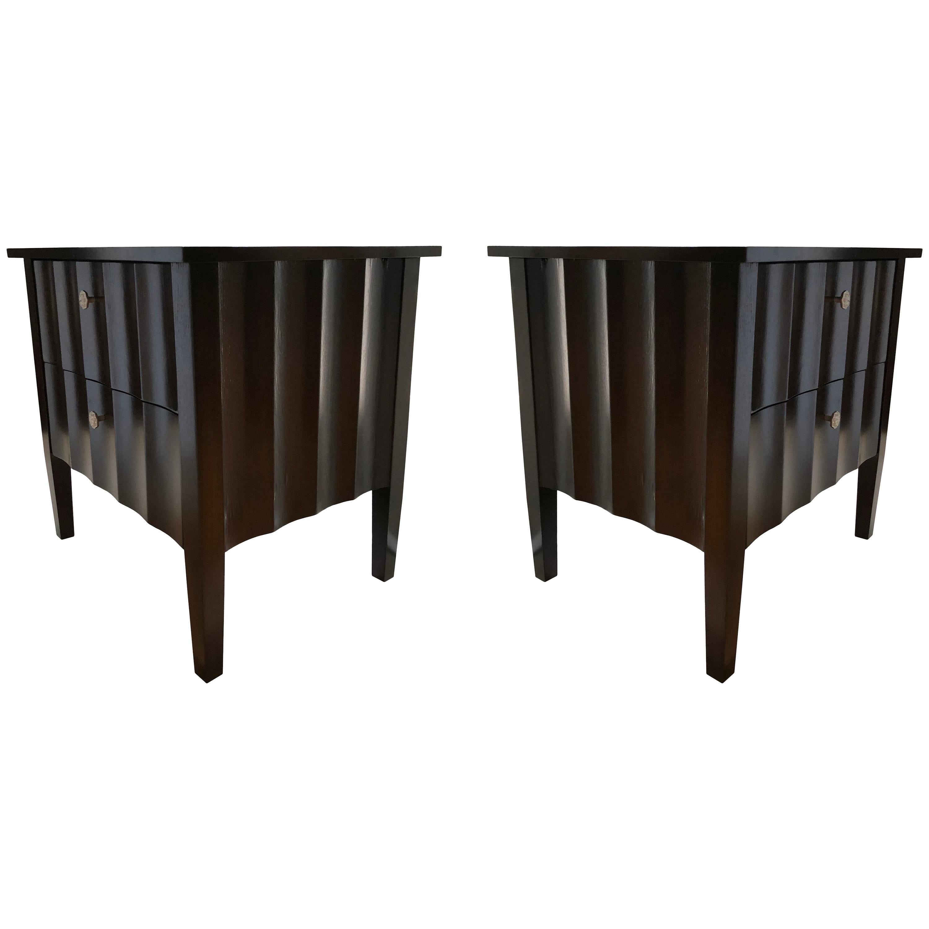 Modern Chocolate Brown Nightstands with Scalloped Detail on Drawers and Sides