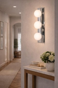 Modern Chrome 3-Globe Wall Sconce or Vanity Light, Frosted Glass Shades