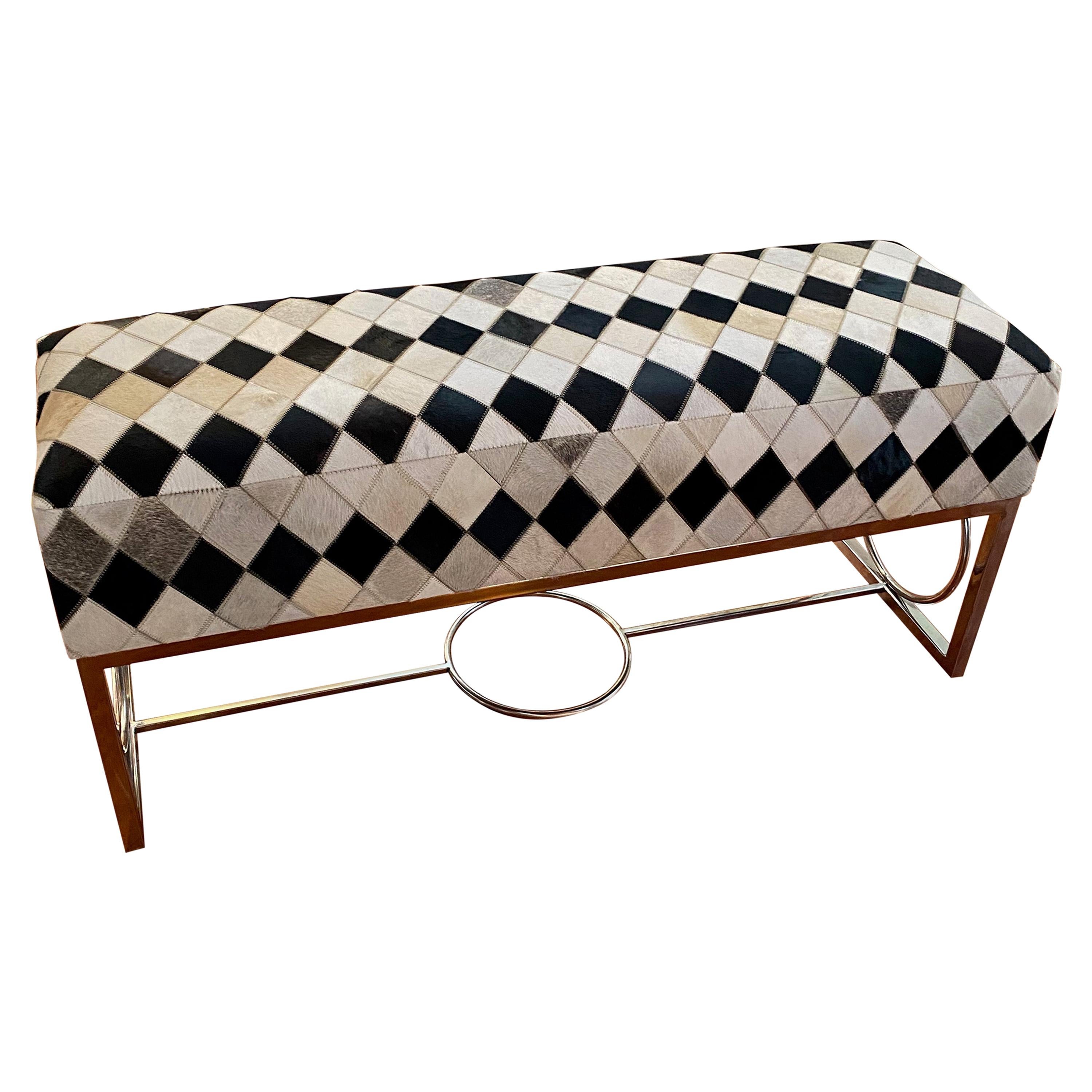 Modern Chrome and Cowhide Bench For Sale