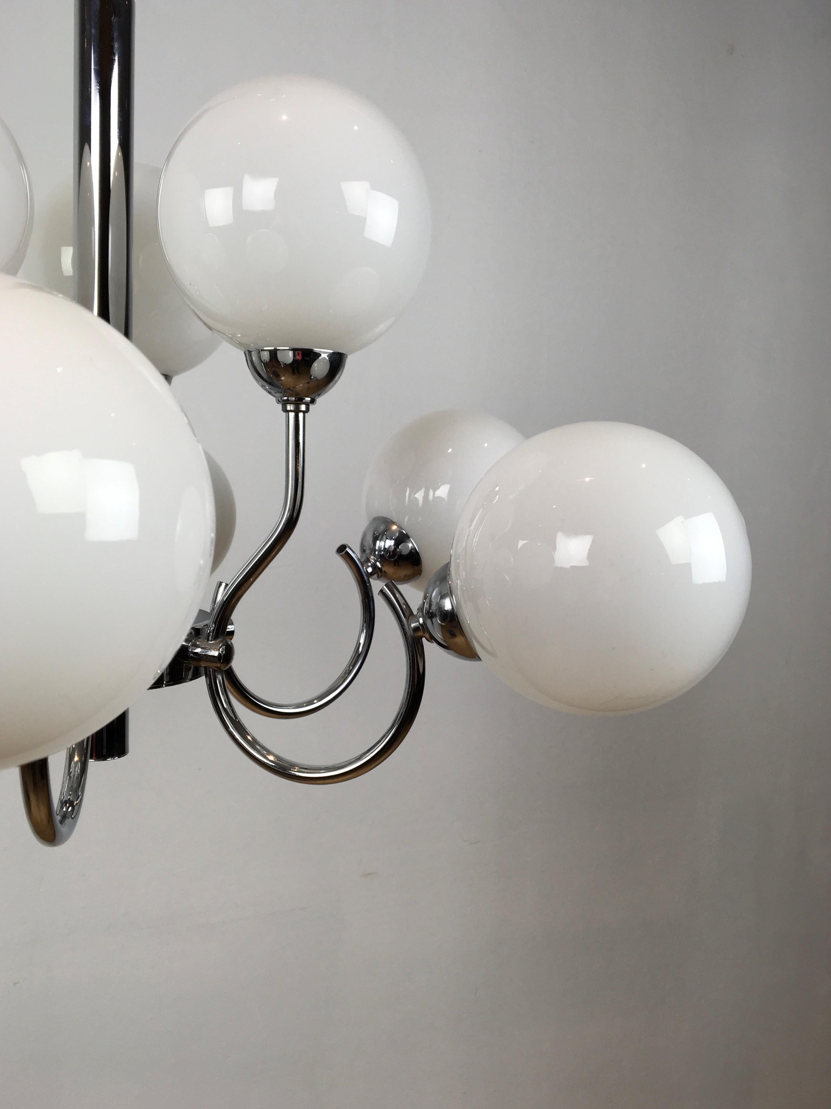 Opaline Glass Modern Chrome and Glass Chandelier, 9 lights For Sale